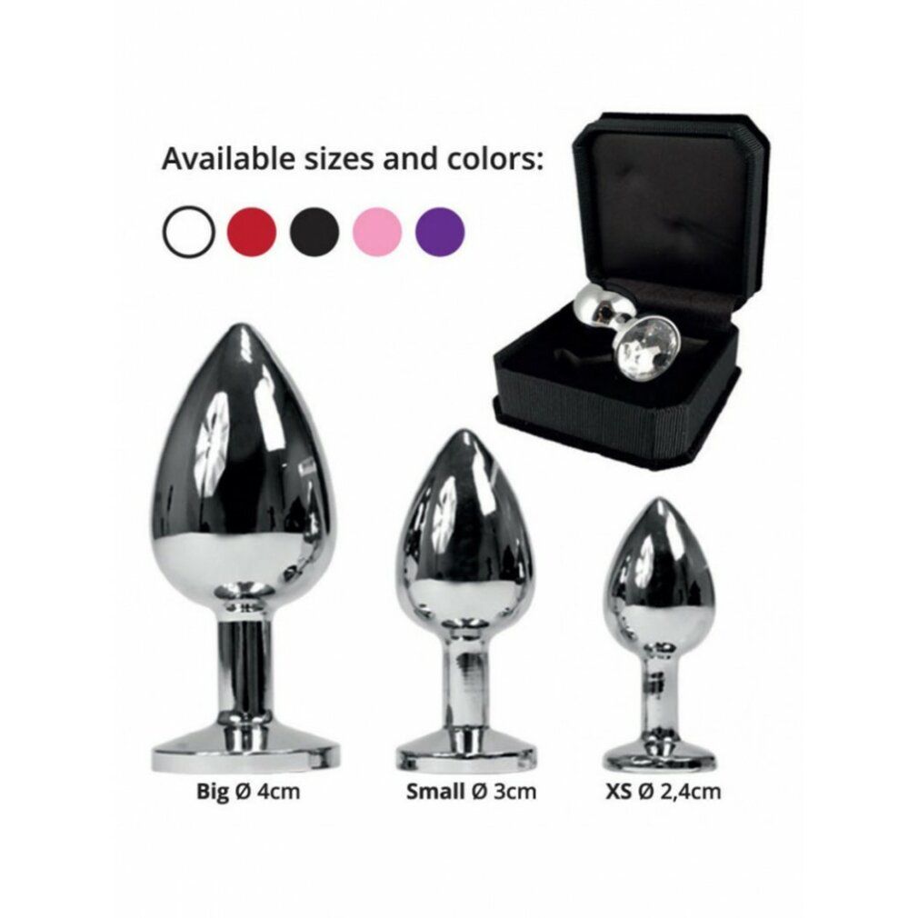 Drei Buttplugs in verschiedenen Größen. Oben rechts eine Schatulle mit einem Plug. Größenangaben: Big Ø 4cm, Small Ø 3cm, XS Ø 2,4cm.