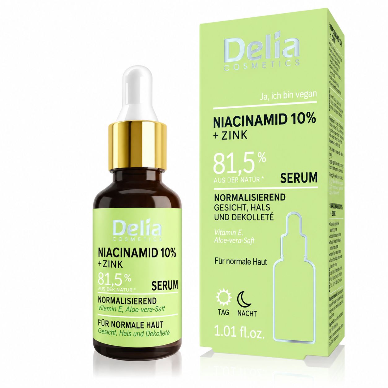Delia Cosmetics Niacinamid 10% + Zink Serum 1.01 fl.oz. in hellgrünem Flakon und Umverpackung. Für normale Haut.