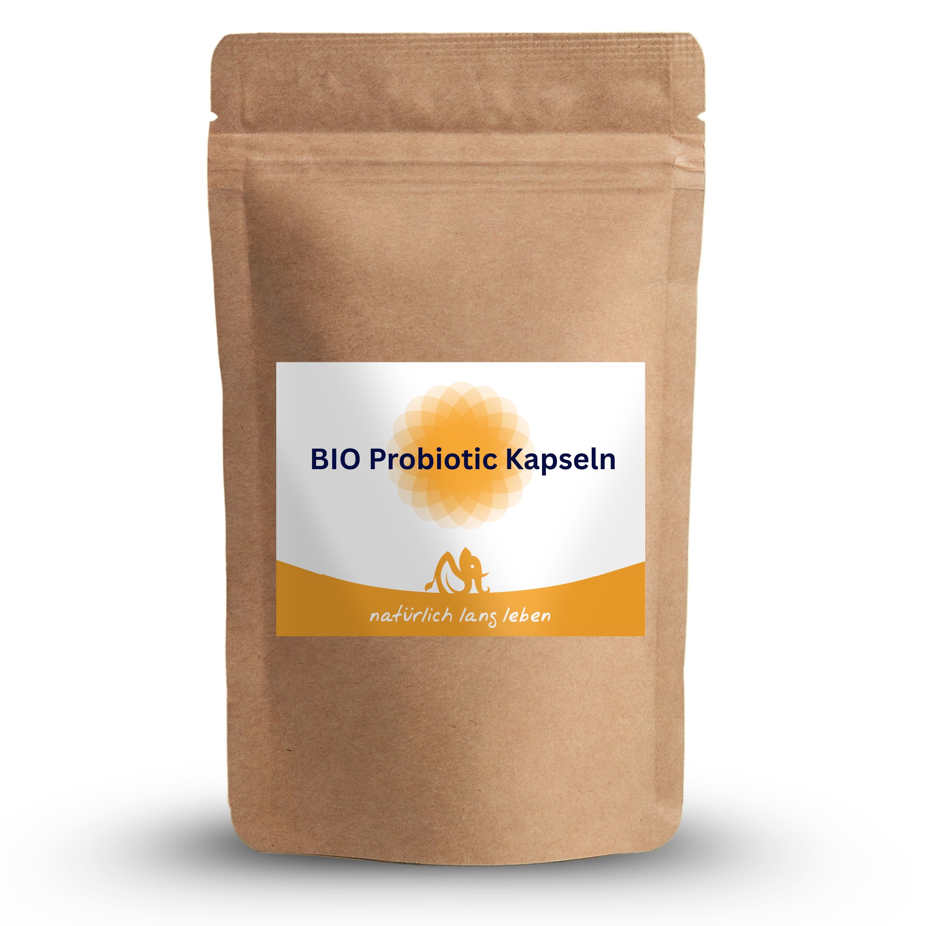 Braune Tüte mit Aufkleber: BIO Probiotic Kapseln, Logo und Schriftzug. Hintergrund weiß.