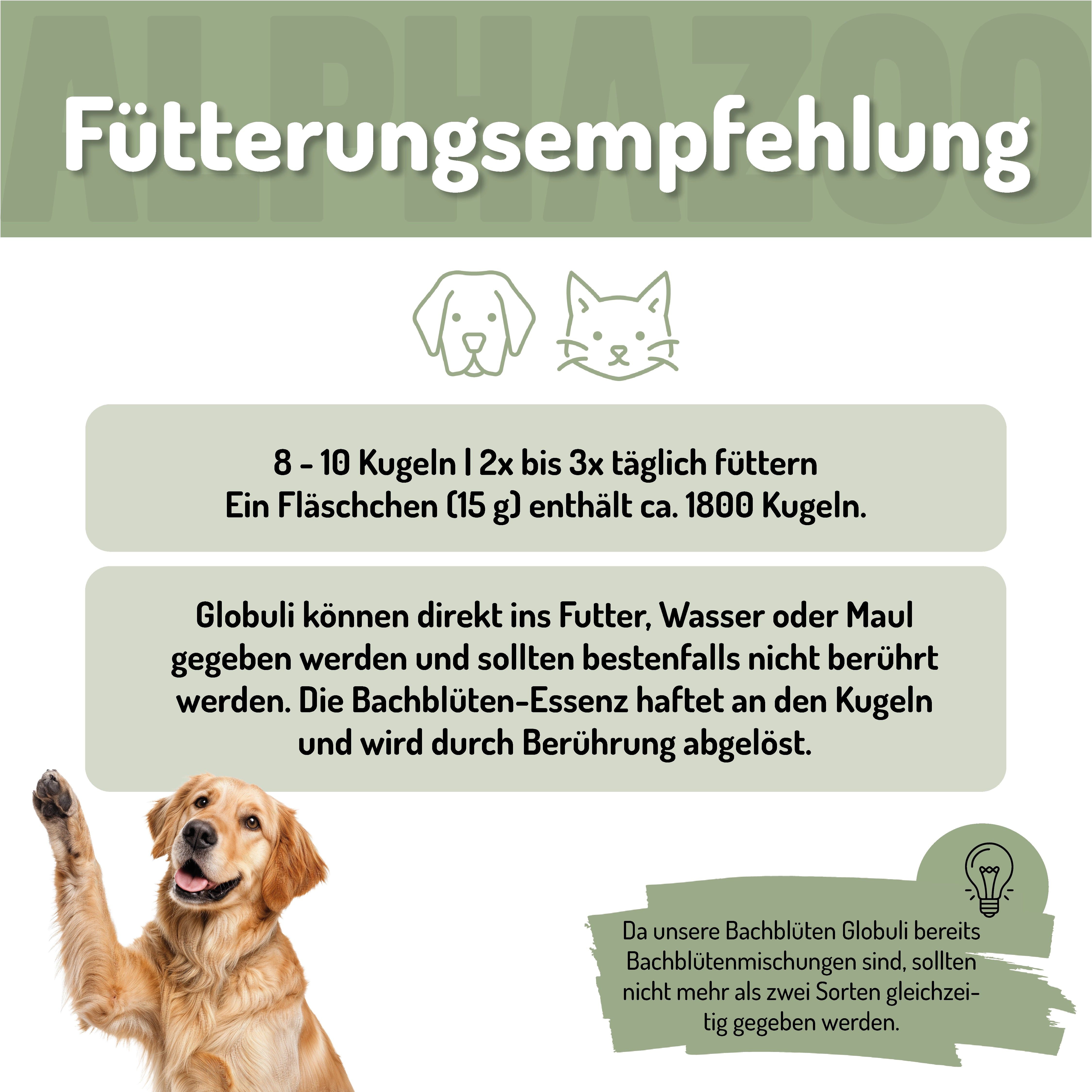 Fütterungsempfehlung. Text: 8-10 Kügelchen 2x bis 3x täglich füttern. Ein Fläschchen (15 g) enthält ca. 1800 Kügelchen. Globuli können direkt ins Futter gegeben werden.