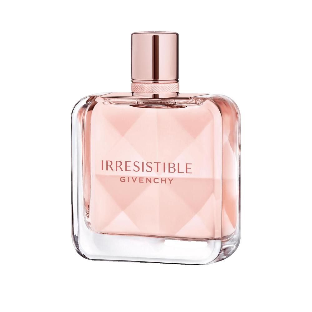 Parfümflakon mit rosa Flüssigkeit. Quadratische Form mit facettiertem Design. Aufschrift: Irresistible Givenchy.