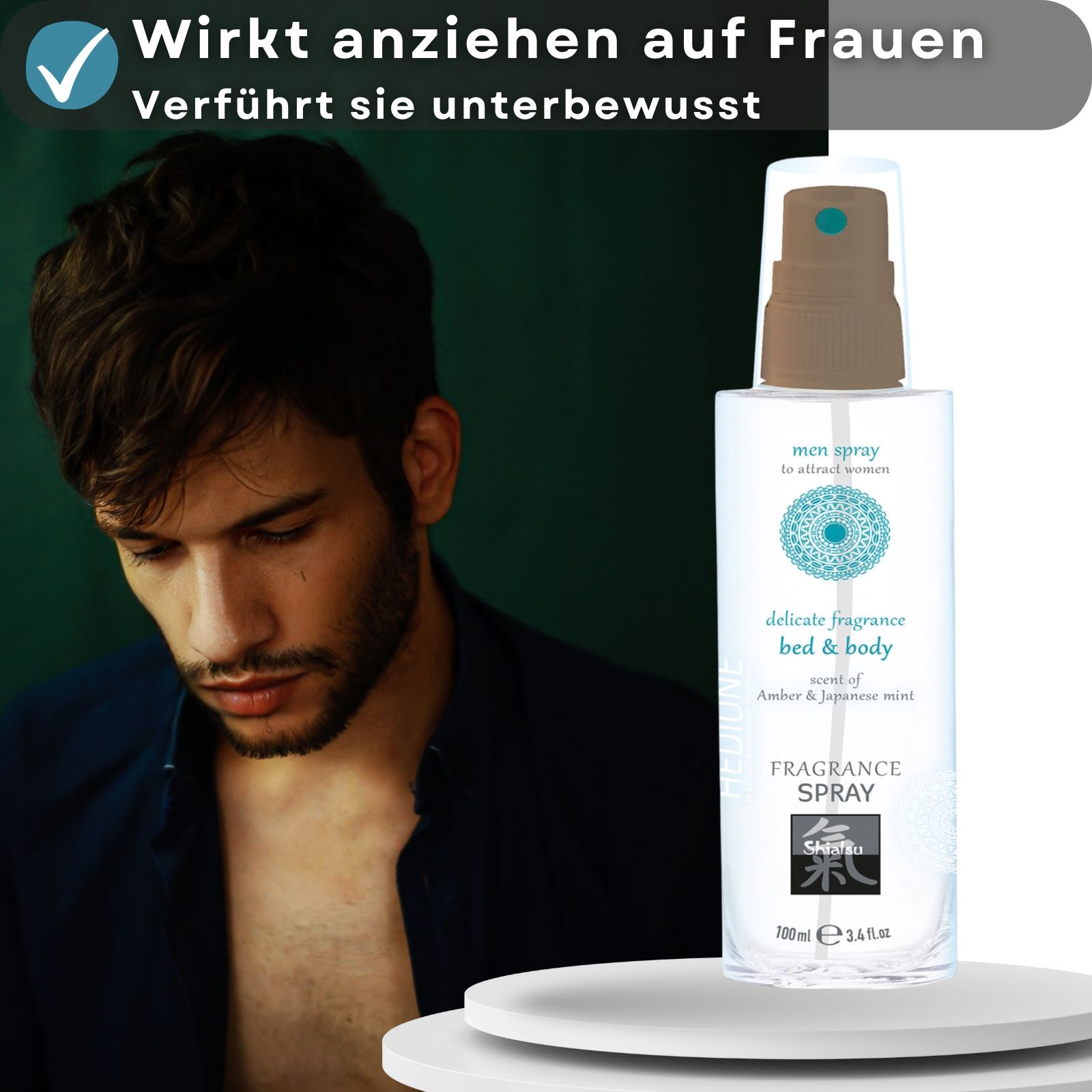 Produkt mit Mann im Vordergrund. Text: Wirkt anziehend auf Frauen, Verführt sie unterbewusst, men spray, delicate fragrance bed & body.