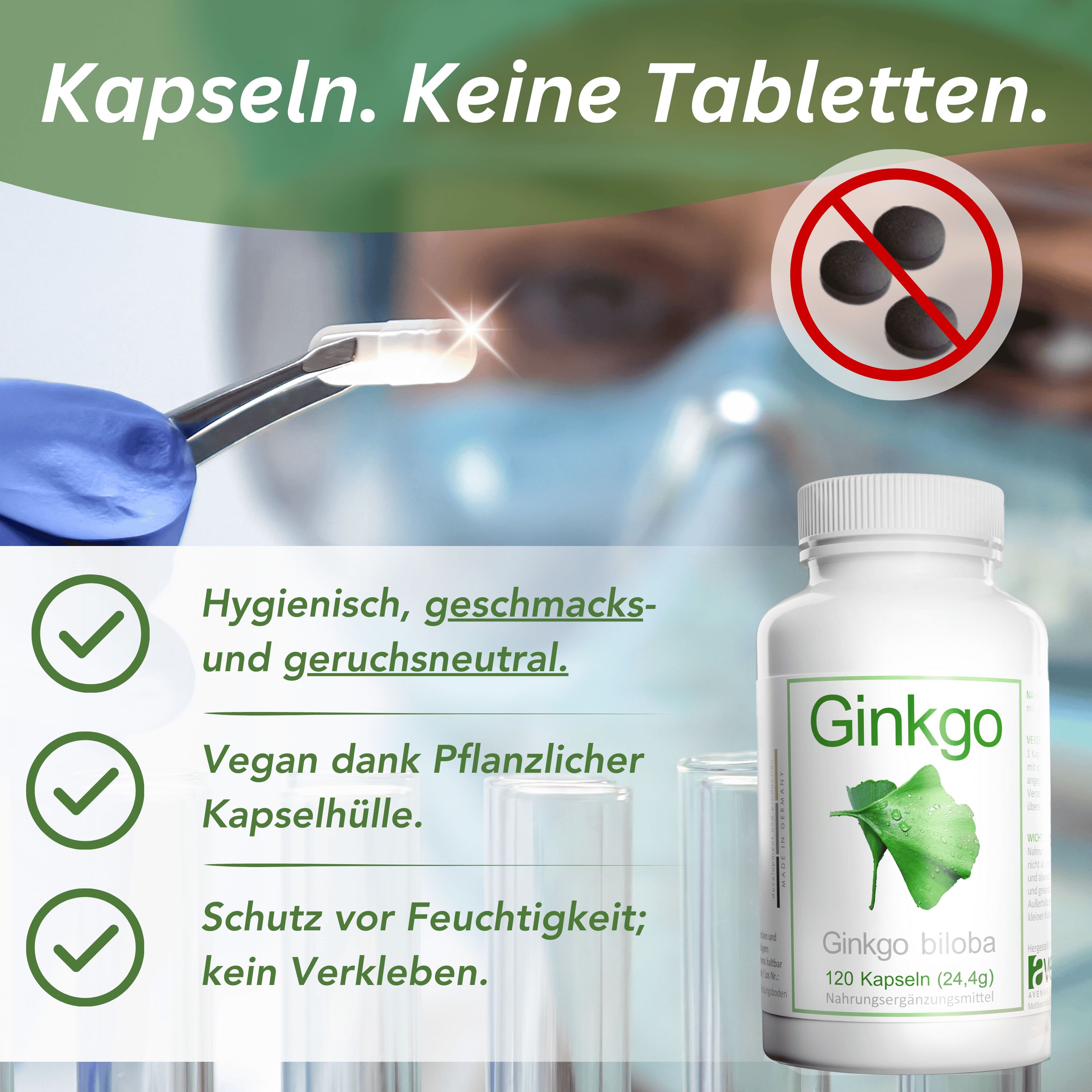 Kapseln, keine Tabletten. Kapsel wird mit Pinzette gehalten. Text: Hygienisch, geschmacksneutral, vegan, Schutz vor Feuchtigkeit.