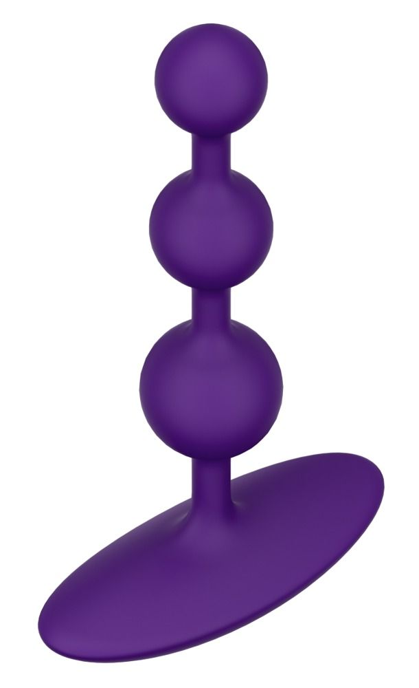 Lila Analperlen mit drei Kugeln und einem flachen, ovalen Sockel. Perspektivische Ansicht.