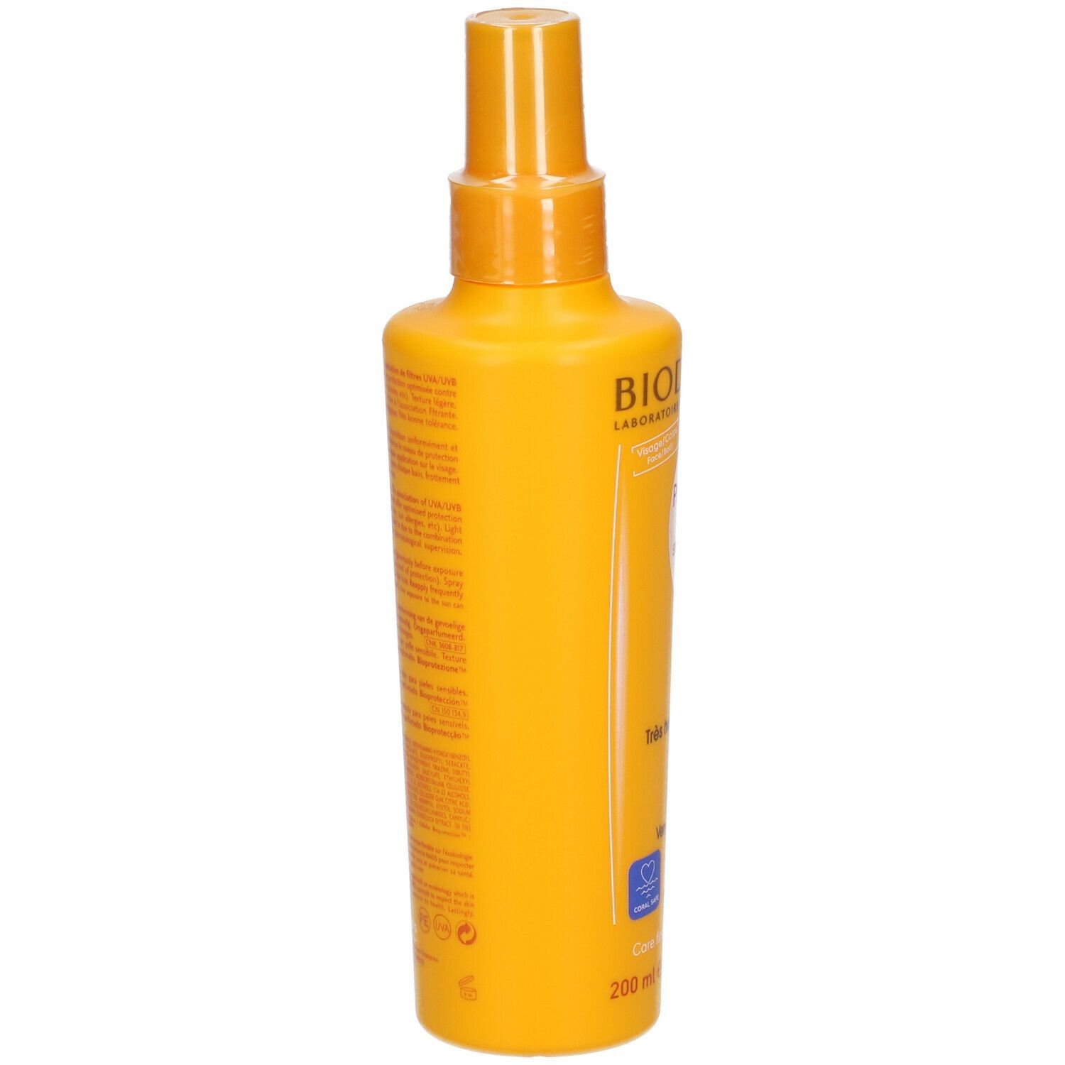 Gelbe Sonnenspray-Flasche. Aufschrift: BIODERMA. Produktname nicht lesbar. Sprühkopf. 200 ml.