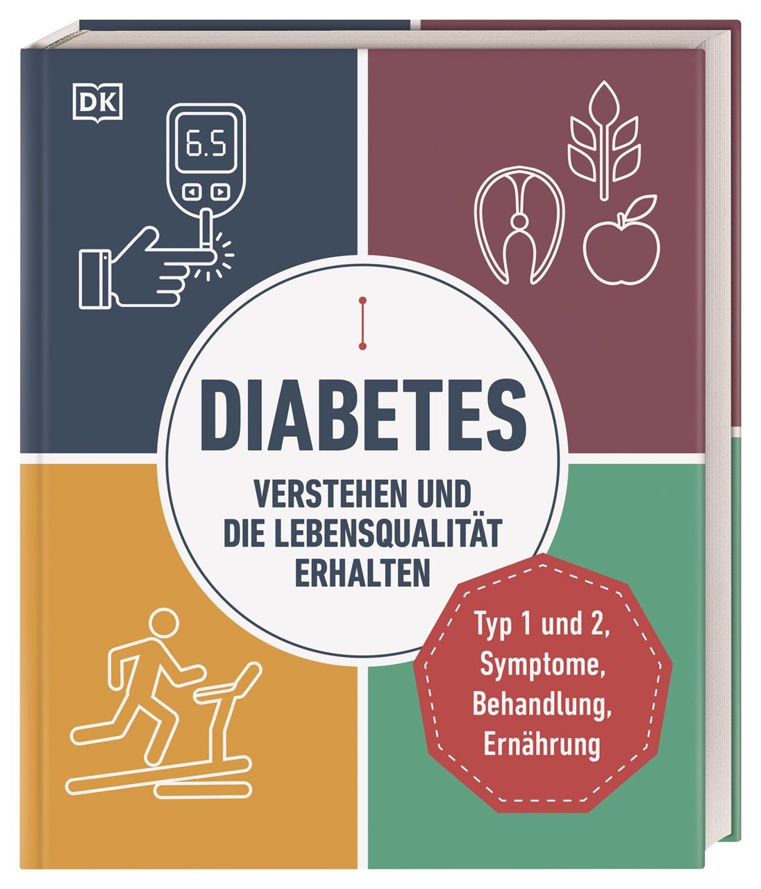 Buchcover: Diabetes verstehen und die Lebensqualität erhalten. Illustrationen zu Ernährung, Bewegung und Blutzuckermessung.
