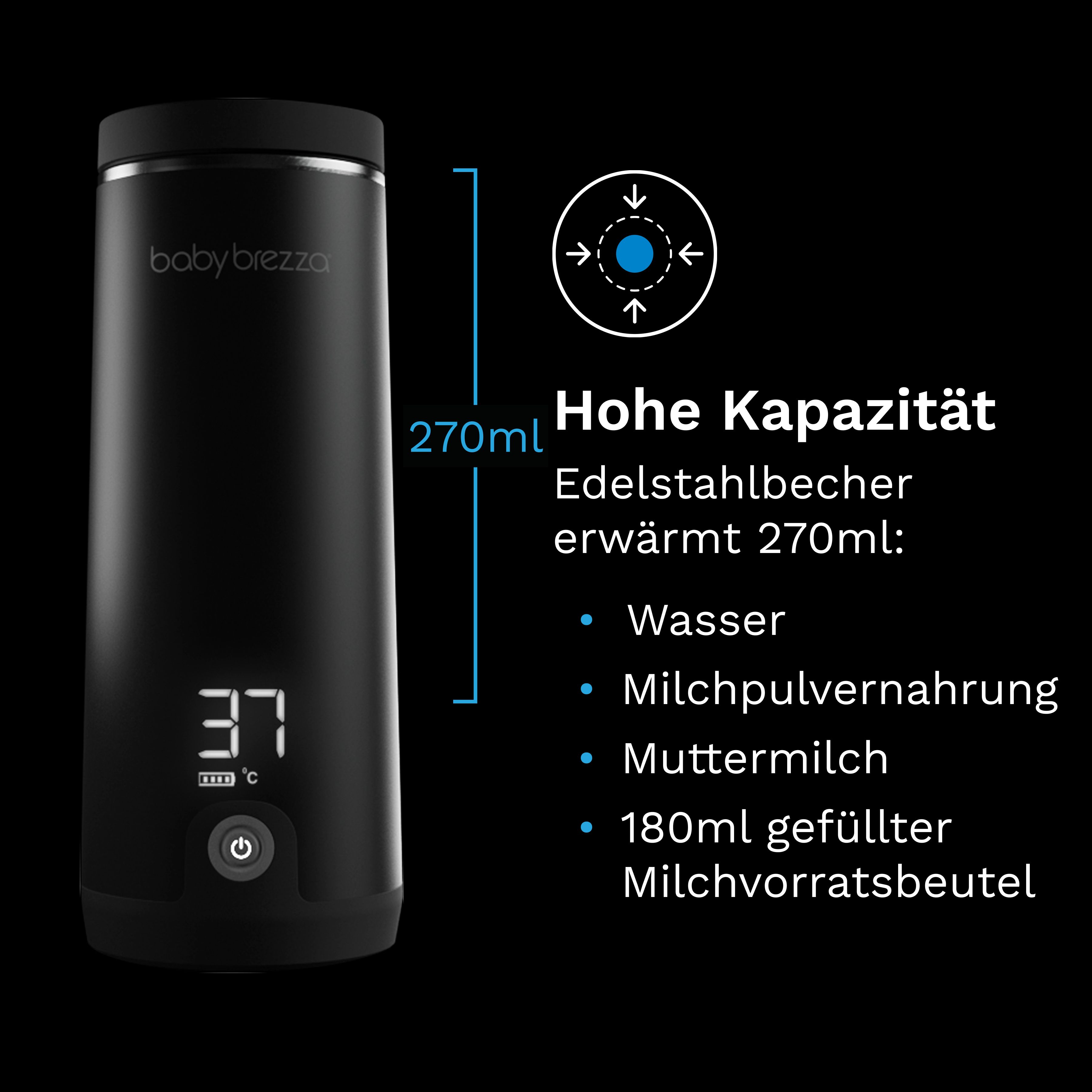 Schwarzer Wasserwärmer mit digitaler Anzeige von 37°C. Text: "Hohe Kapazität, Edelstahlbecher erwärmt 270ml".