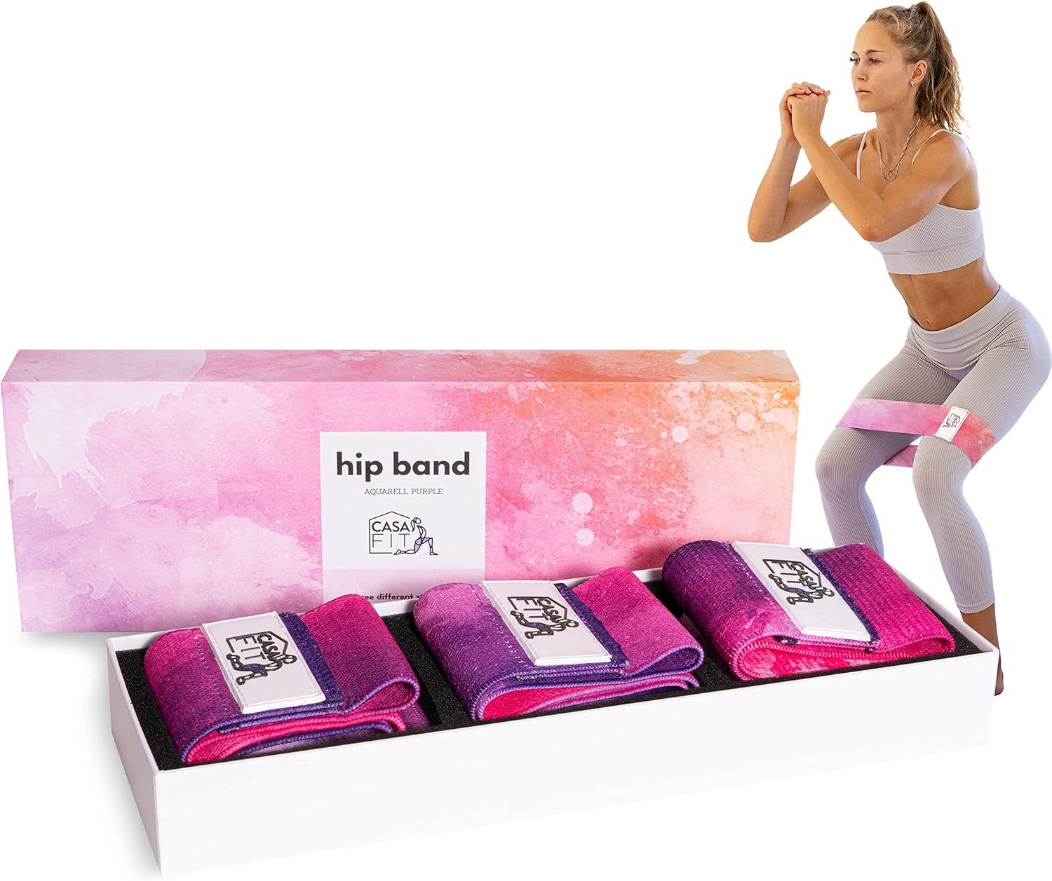 Drei CASAFIT Hip Bands in einer Box. Person demonstriert die Anwendung. Rosa-lila Farbverlauf.