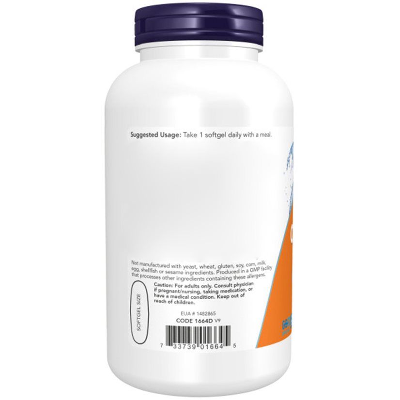 Rückseite der Flasche. Orangefarbenes Etikett mit Gebrauchsanweisung und Warnhinweisen. Enthält 180 Softgels.