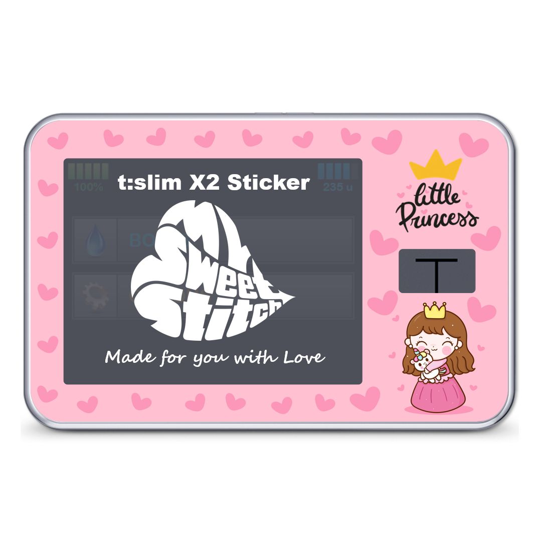 Rosa Sticker auf einem medizinischen Gerät. Herzmuster, "Little Princess" Schriftzug und Cartoon-Prinzessin. Gerät mit Display.