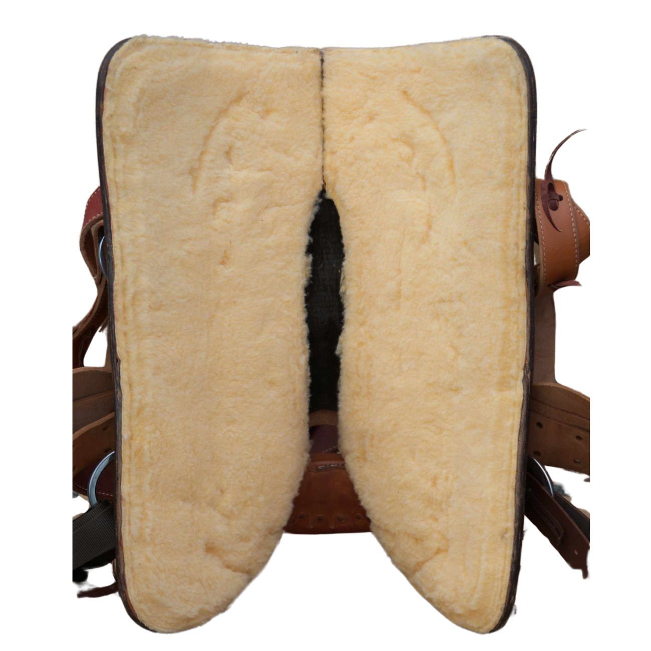 Unterseite eines Westernsattels. Beige Polsterung, braune Lederkanten. Nahaufnahme, isoliert auf weißem Hintergrund.
