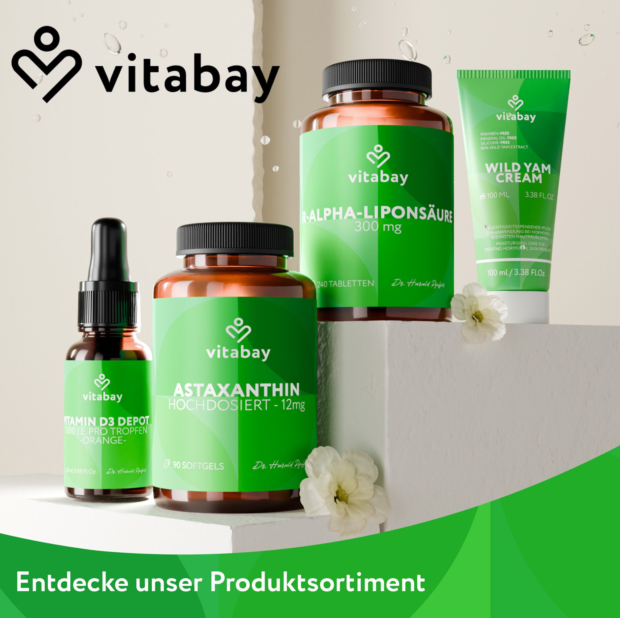 Verschiedene Vitabay-Produkte. Flasche mit Tropfer, Kapseln, Creme. Text: Entdecke unser Sortiment. Vitabay Logo.