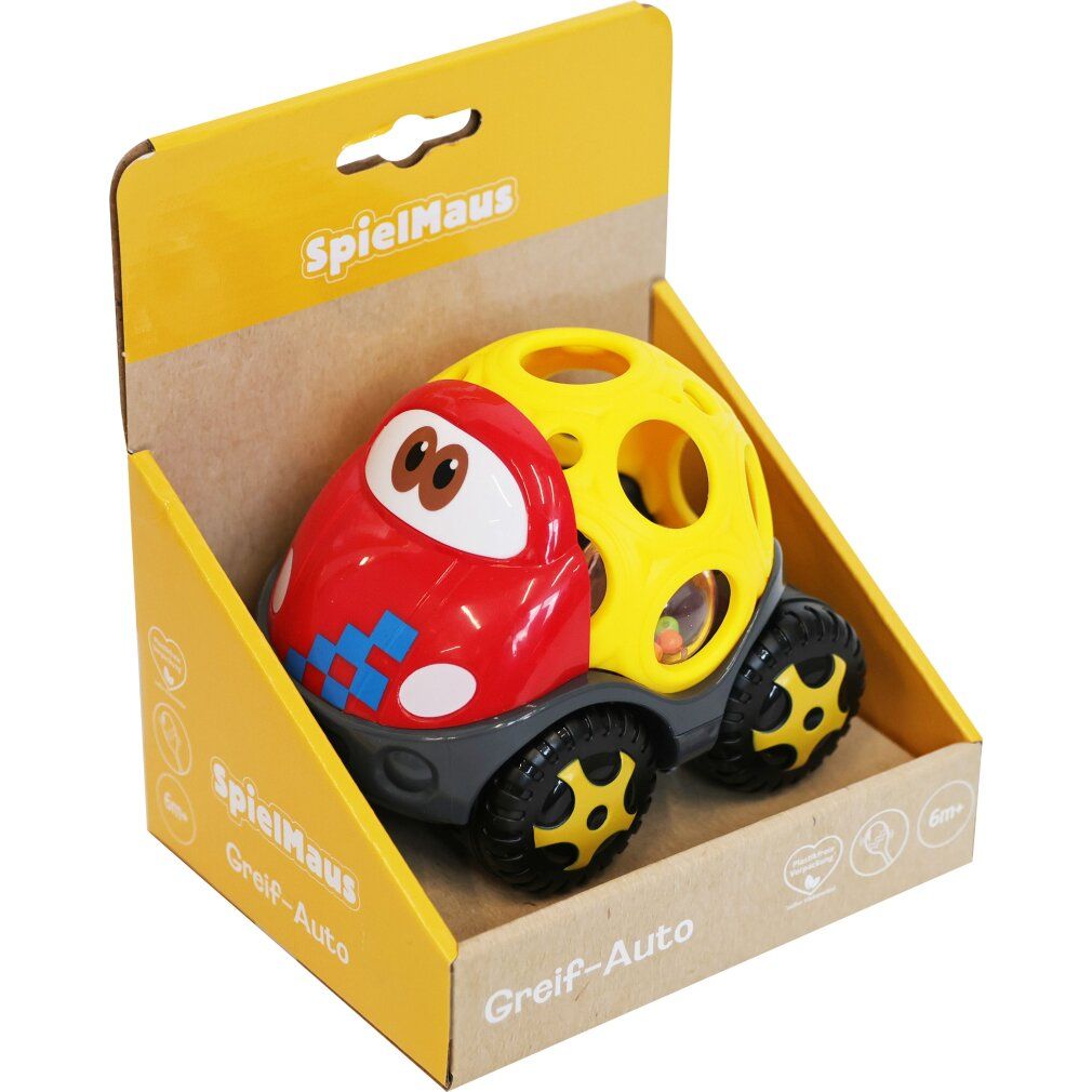 Spielmaus Greif-Auto in Verpackung. Rotes und gelbes Auto mit schwarzen Reifen. Gelbe Verpackung.