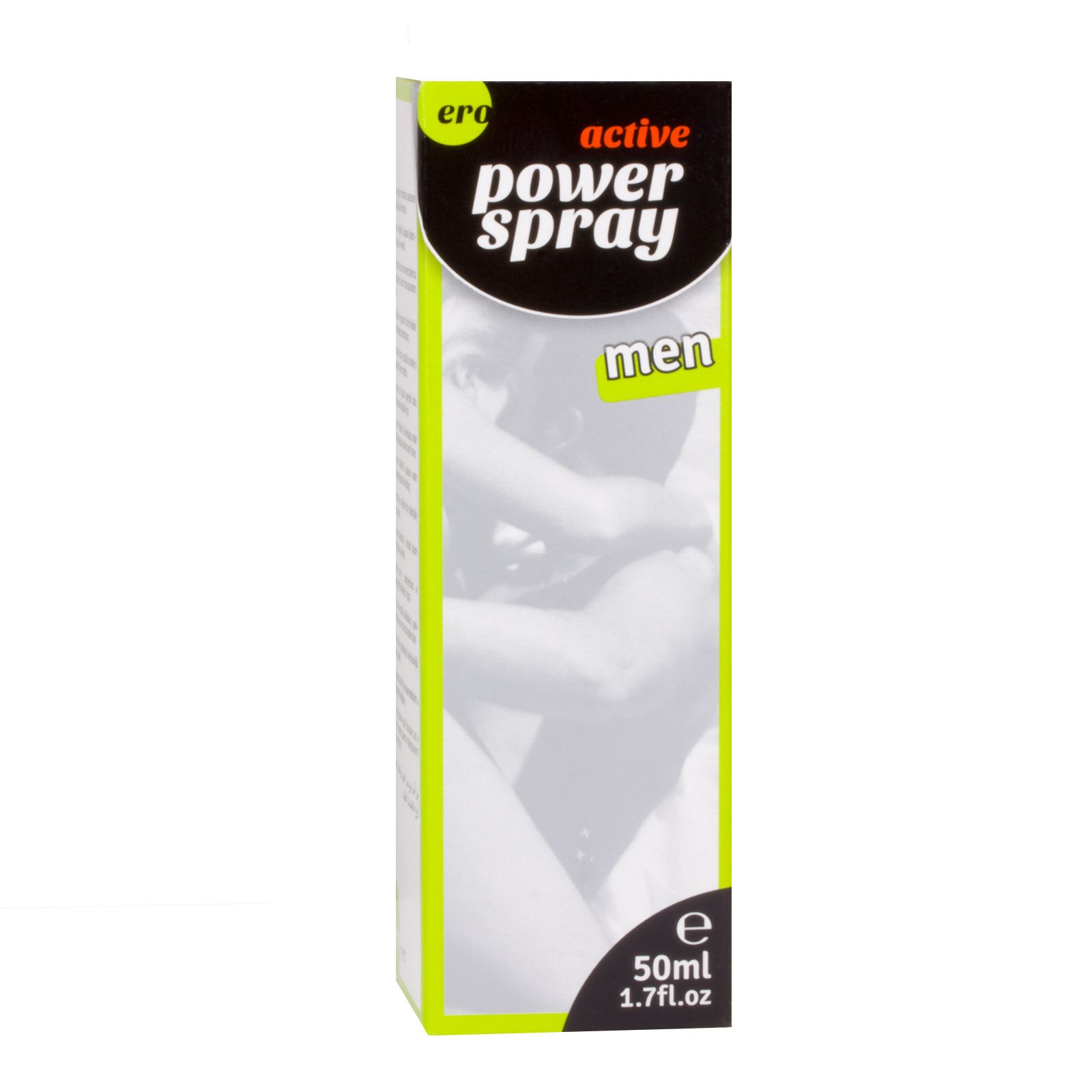 Ero Power Spray für Männer. Schwarze Flasche mit Sprühkopf. Grüne und weiße Schrift.