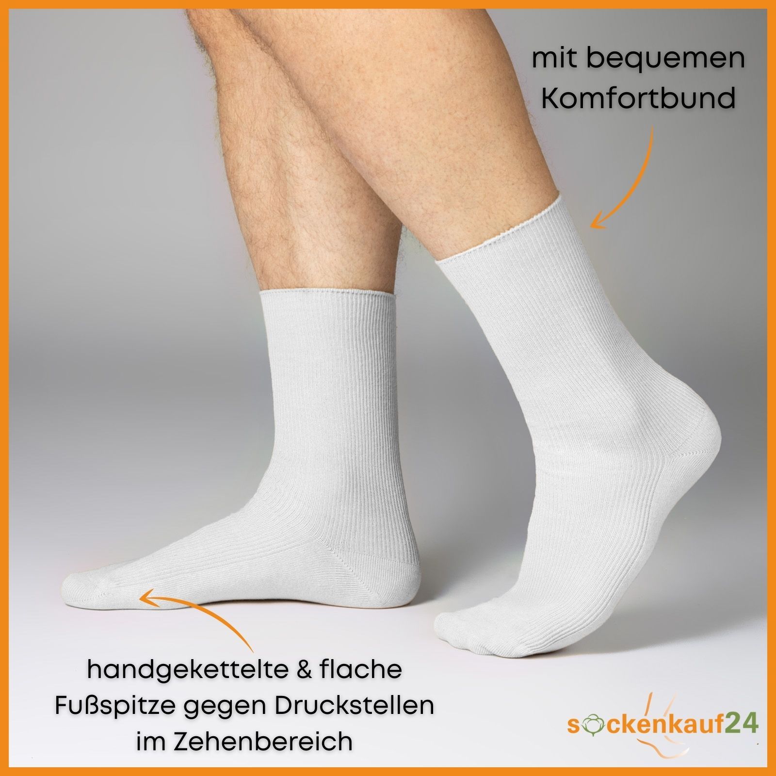 Weißer Strumpf am Bein. Handgekettelte Spitze. Bequemer Komfortbund. Text: sockenkauf24.