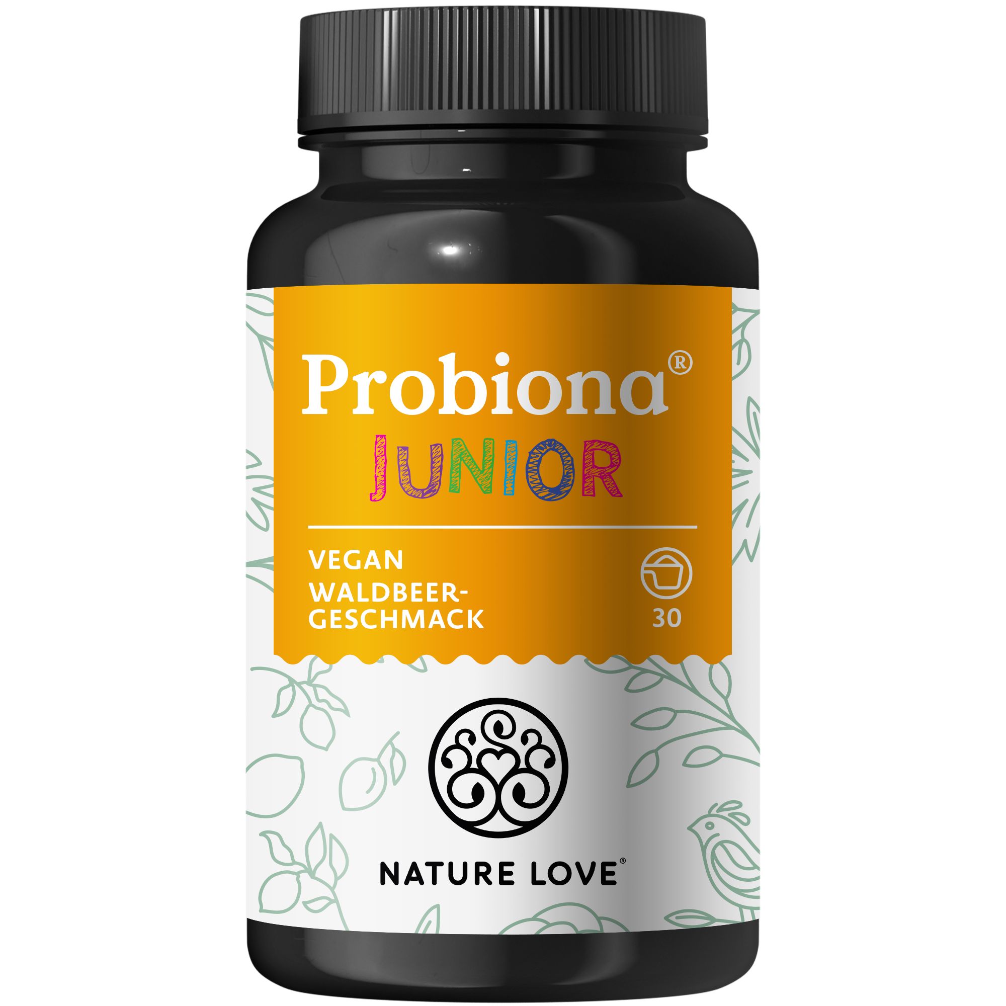 Schwarze Flasche mit "Probiona Junior"-Etikett. Vegan, Waldbeer-Geschmack. 30 Portionen. Logo: NATURE LOVE®.