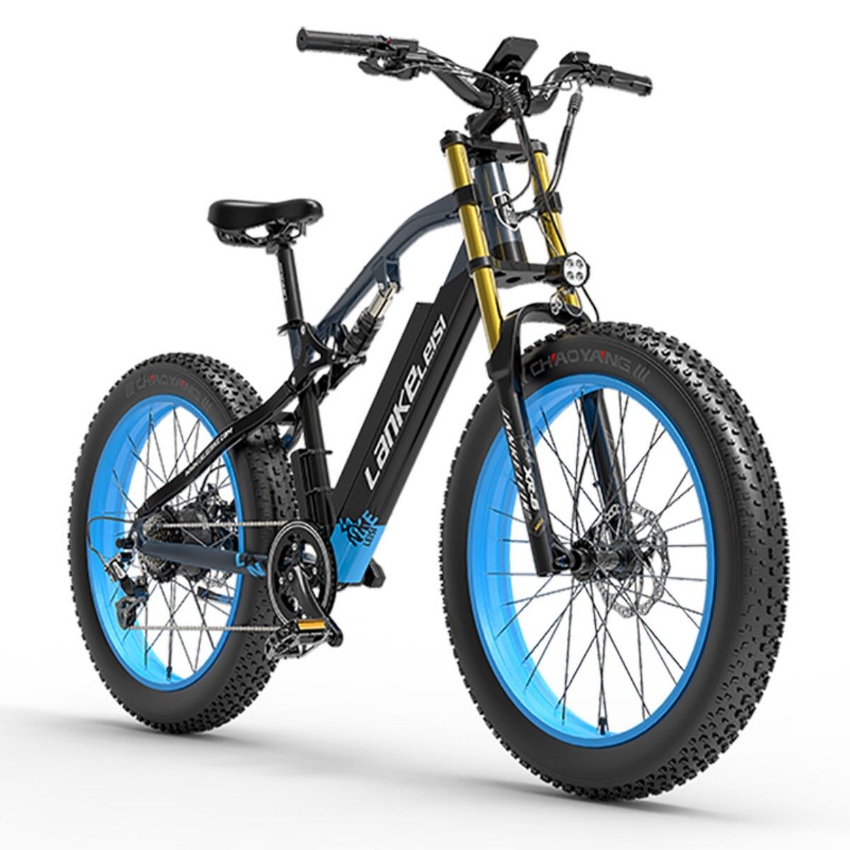 E-Bike mit schwarzem Rahmen, blauen Felgen und Reifen. Goldene Federgabel, Akku und Display. Marke LANKELEISI.