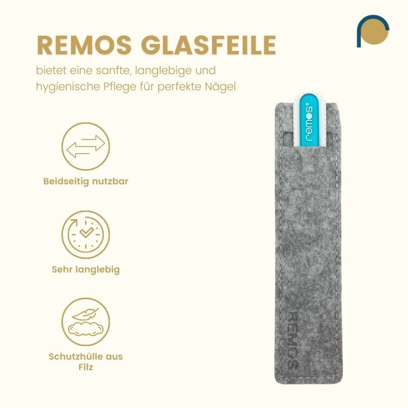 Glasnagelfeile mit blauem Griff in grauem Filzetui. Text: Beidseitig nutzbar, sehr langlebig, Schutzhülle aus Filz.