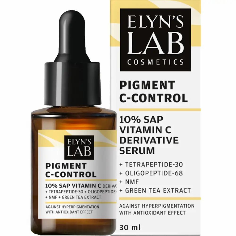 Serumflasche und Verpackung nebeneinander. Produktname und Inhaltsstoffe auf dem Etikett. ELYN'S LAB Pigment C-Control Serum.
