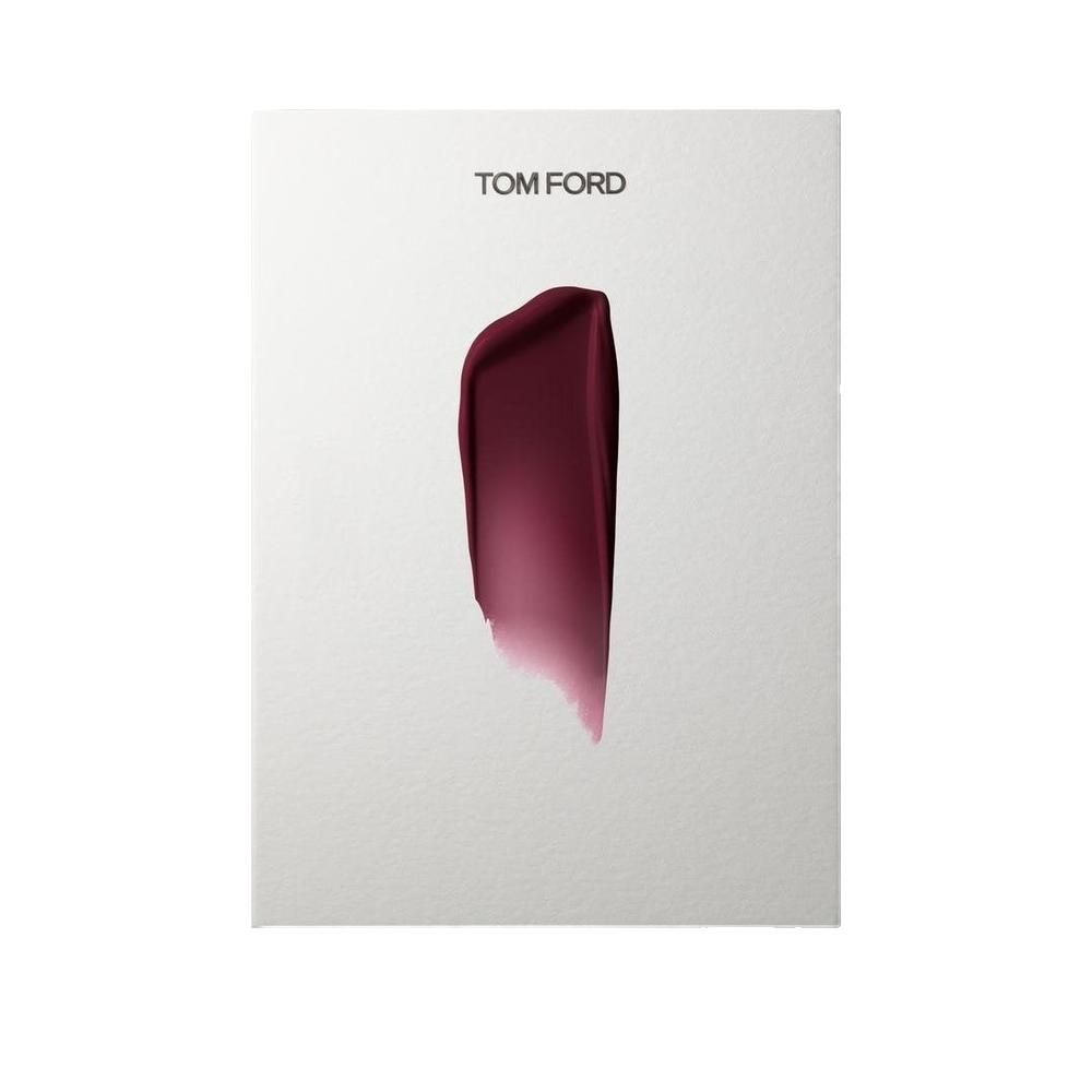 Weißes Blatt mit einem Lippenstift-Swatch. Marke Tom Ford oben.