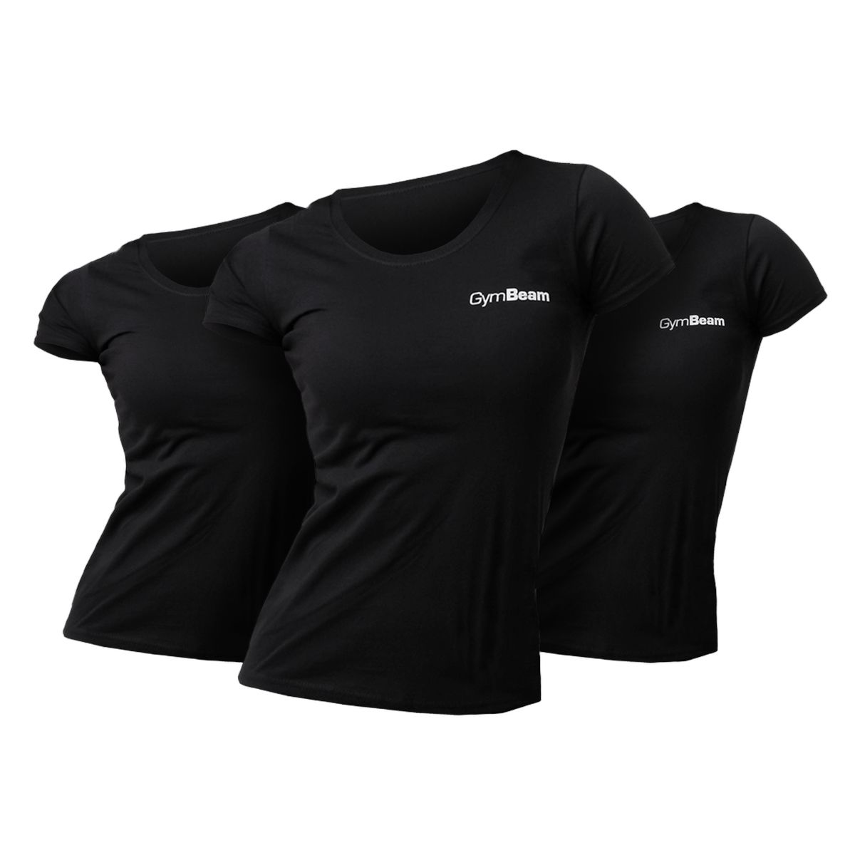 Drei schwarze GymBeam T-Shirts für Damen mit Rundhalsausschnitt und kurzen Ärmeln.