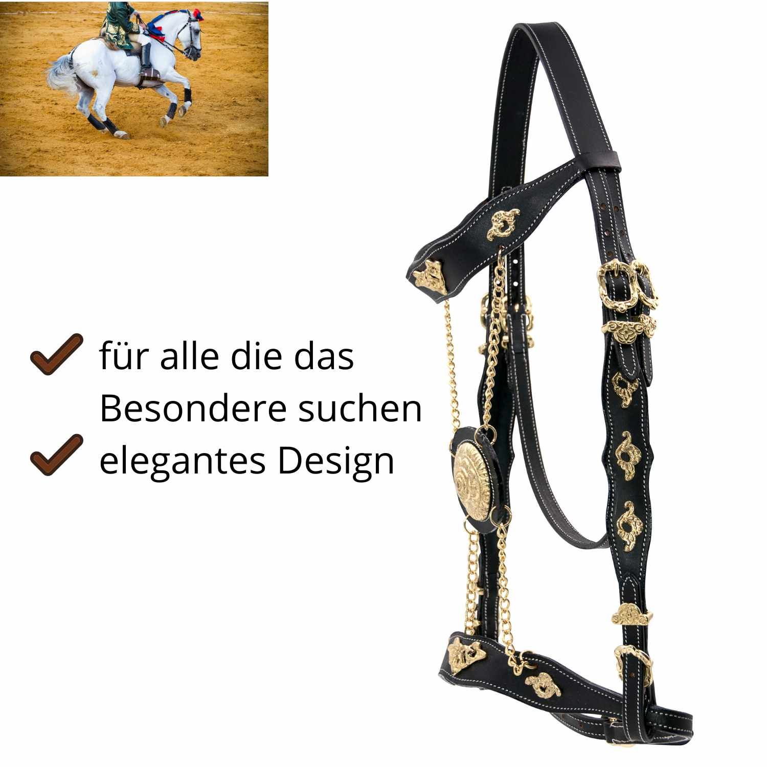 Schwarze Trense mit goldenen Verzierungen und Ketten. Text: 'für alle die das Besondere suchen' und 'elegantes Design'.