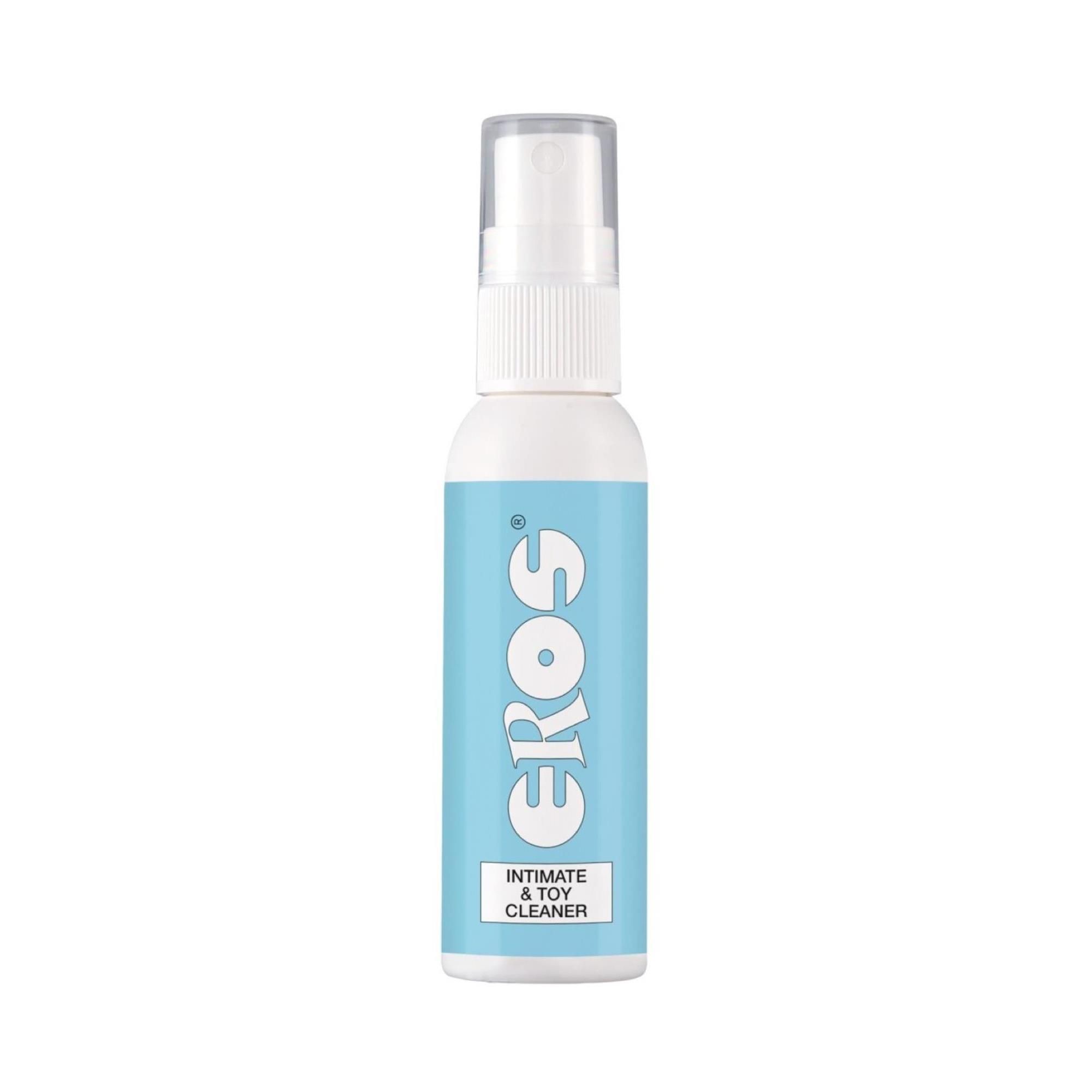 Weiße Flasche mit blauem Etikett. Aufschrift: EROS, Intimate & Toy Cleaner. Mit Sprühkopf.