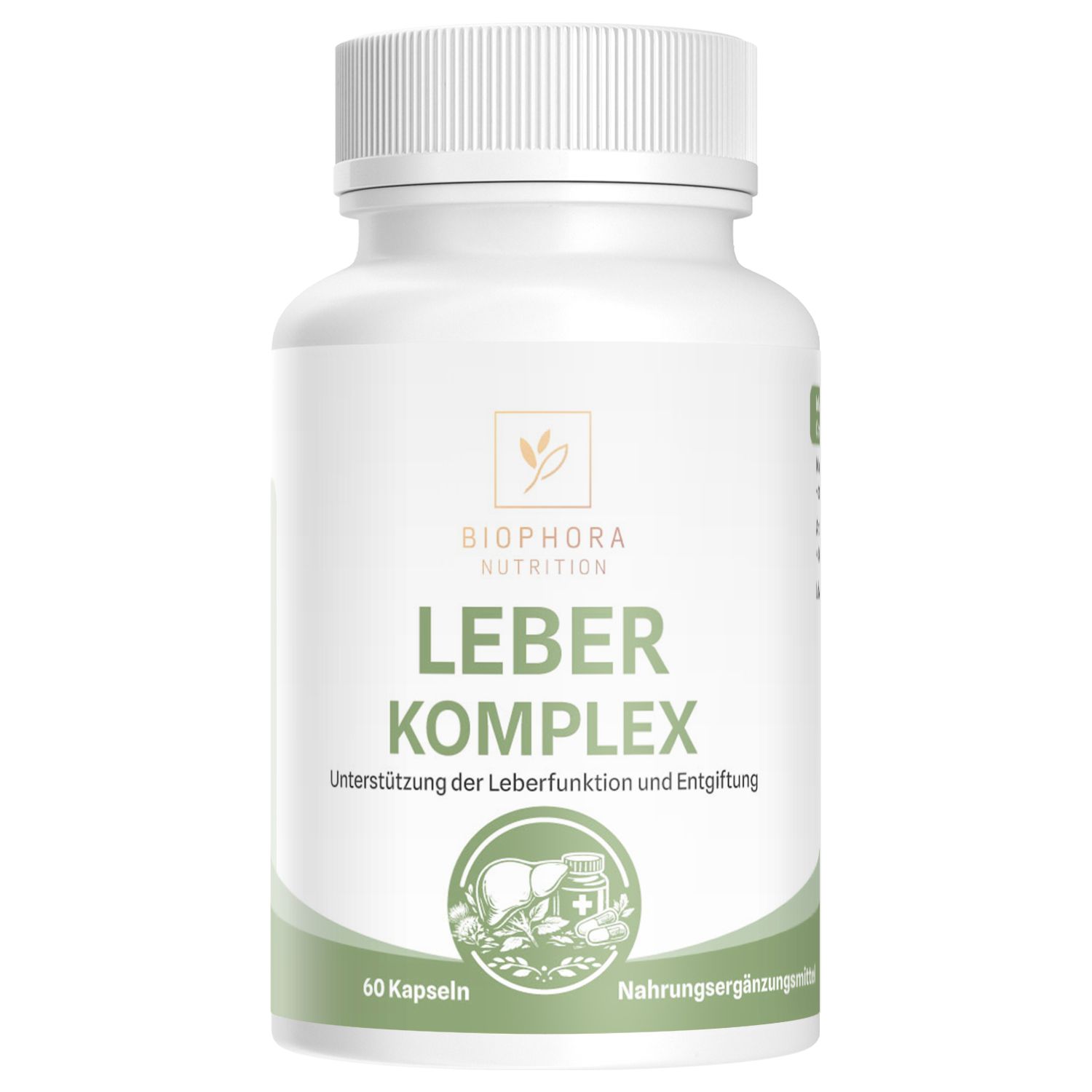 Weiße Kapsel-Dose mit grünem Etikett. Text: Biophora Nutrition, Leber Komplex, 60 Kapseln, Nahrungsergänzungsmittel, Abbildung Leber.