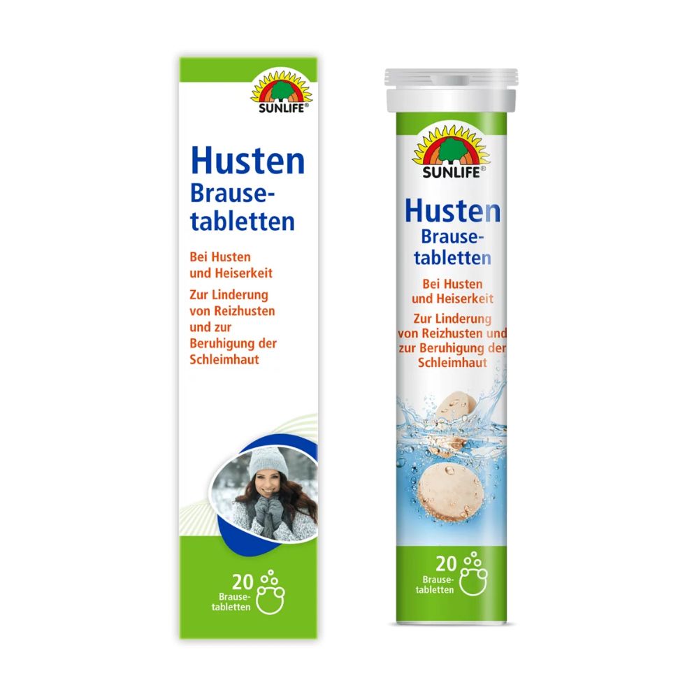 Husten Brausetabletten-Packung und Tube. Grün-weißes Design, Produktname, 20 Brausetabletten. Tube mit Tabletten im Wasser.