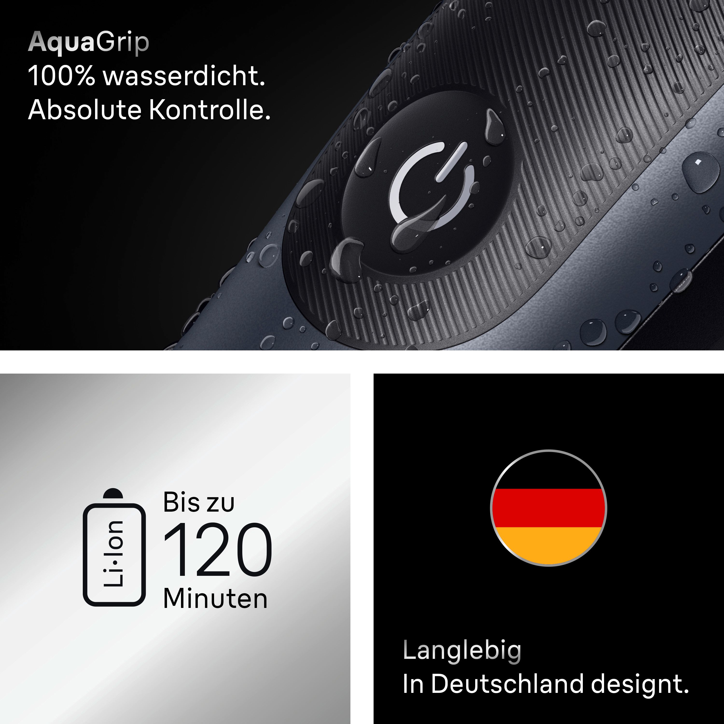 Detailaufnahme des Rasierers. AquaGrip, bis zu 120 Minuten, hergestellt in Deutschland.