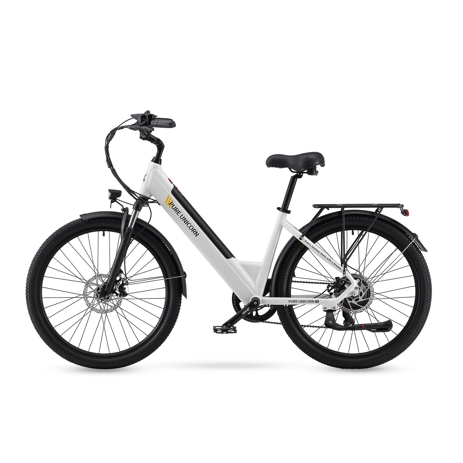 Weißes E-Bike mit schwarzen Reifen und Details. Marke: PURE UNICORN. Gepäckträger und Schutzbleche.
