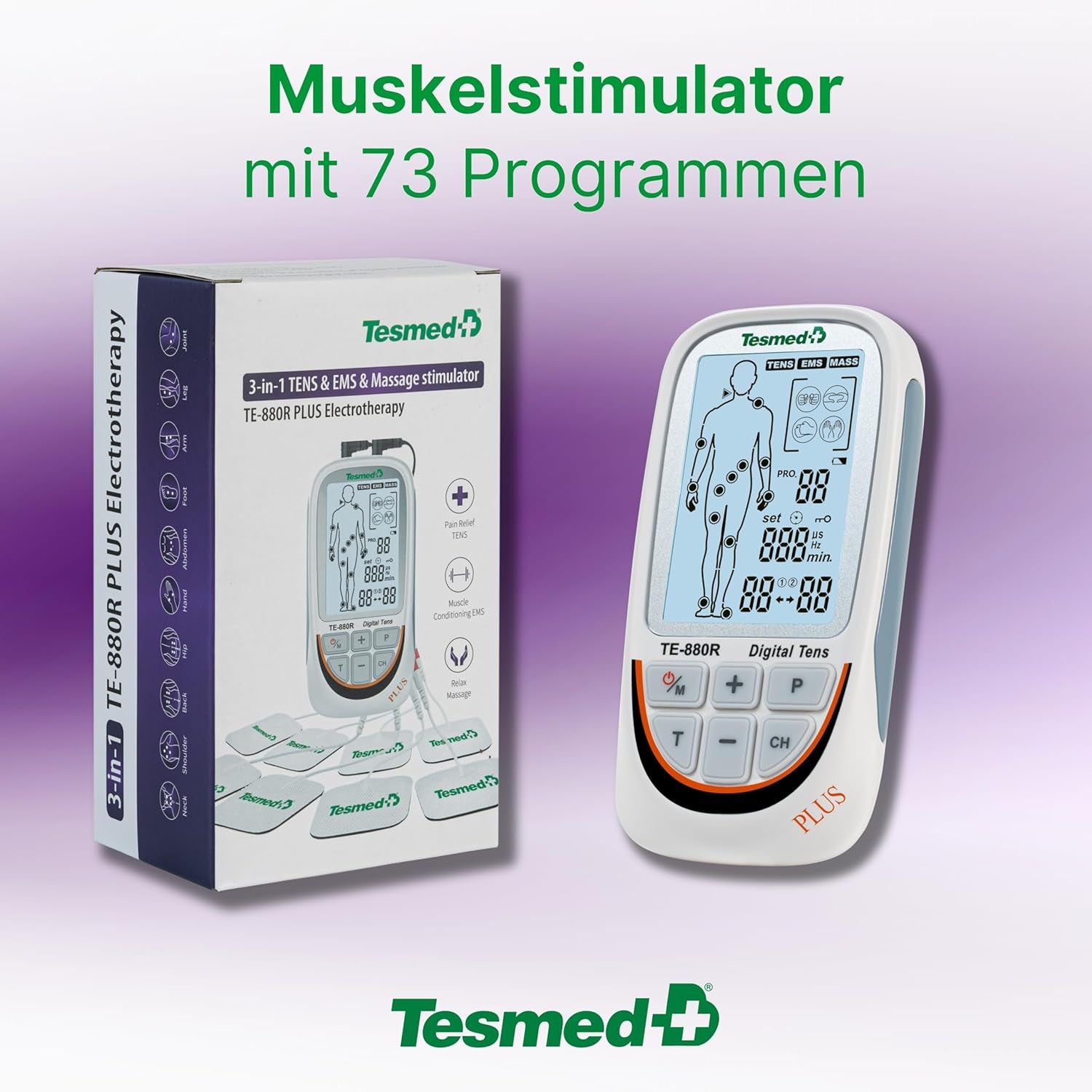 TESMED TE-880R Plus Wiederaufladbarer Muskelelektrostimulator, TENS,73 Programme Schmerztherapie