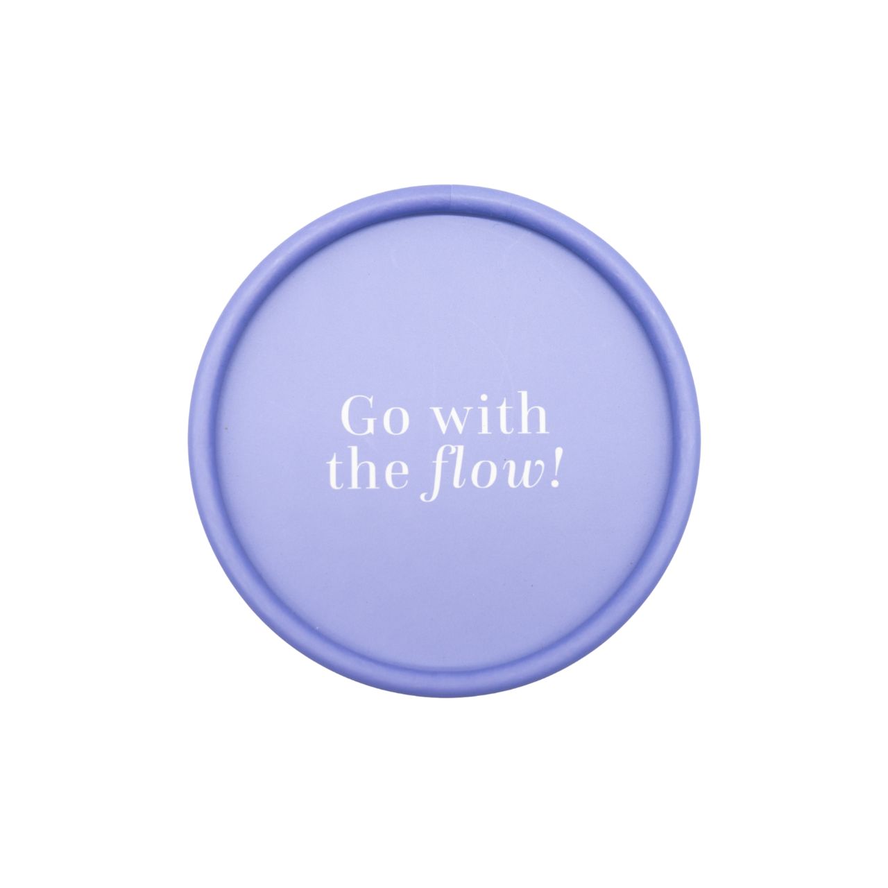 Blauer Deckel mit weißer Aufschrift: "Go with the flow!".