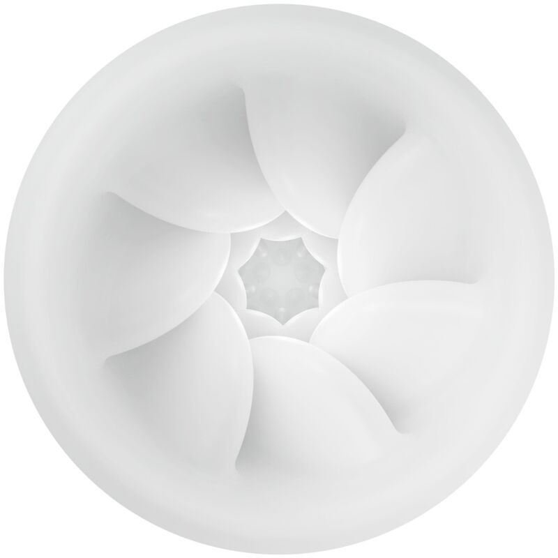 Weißes, rundes Produkt mit blütenblattartiger Öffnung.