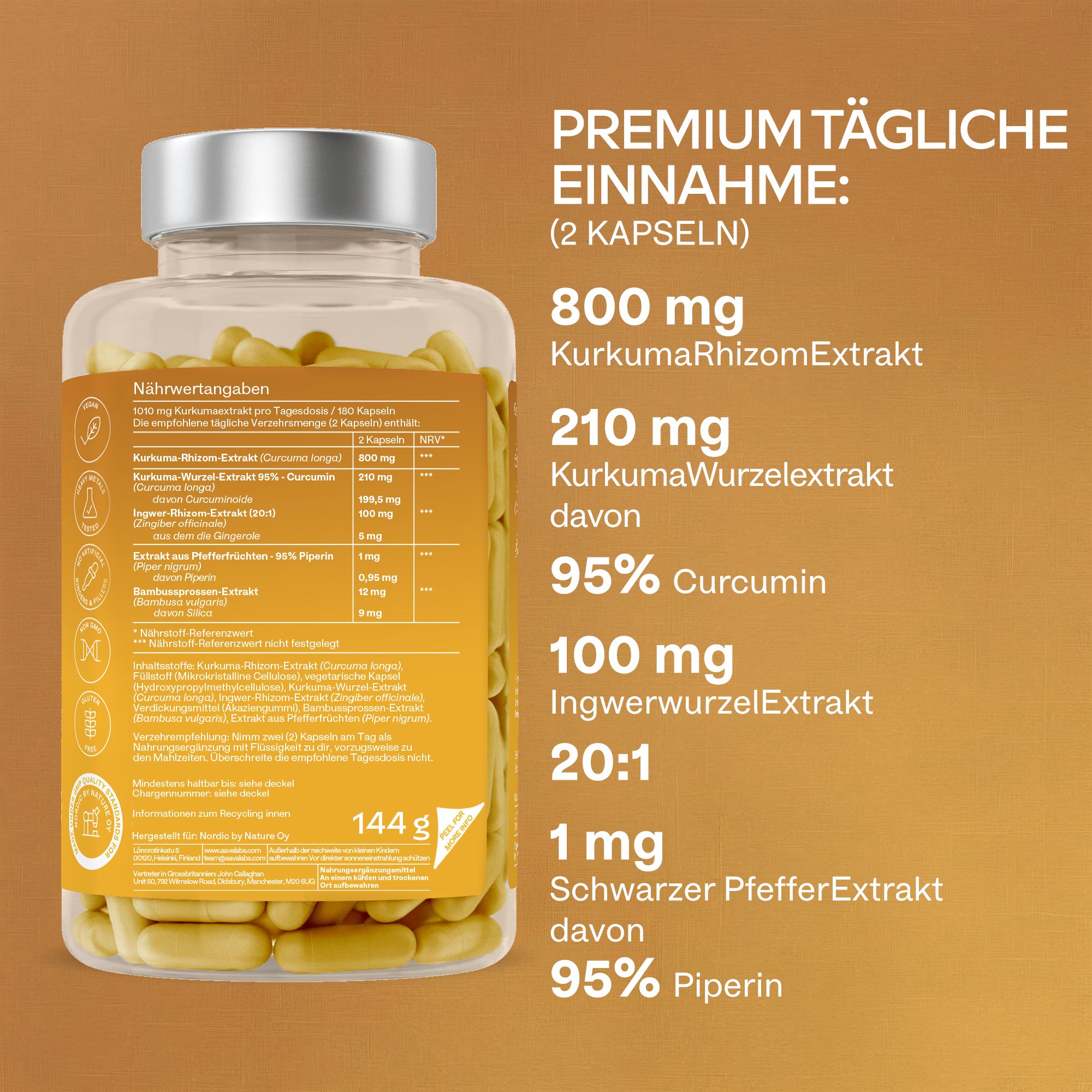 Flasche mit Kurkuma-Kapseln. Hohe Bioverfügbarkeit, 95% Curcumin, 20:1 Ingwer-Extrakt, 100% Vegan.
