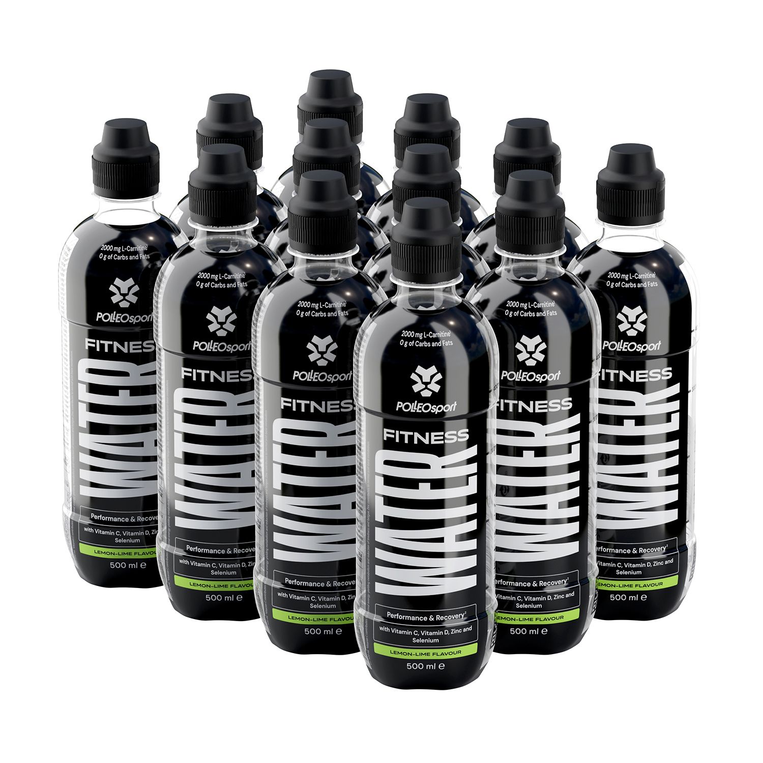 Mehrere Flaschen Fitness Water. Schwarze Flaschen mit weißer Schrift. Aufschrift: Fitness Water, Polleo Sport. Schwarze Verschlüsse.