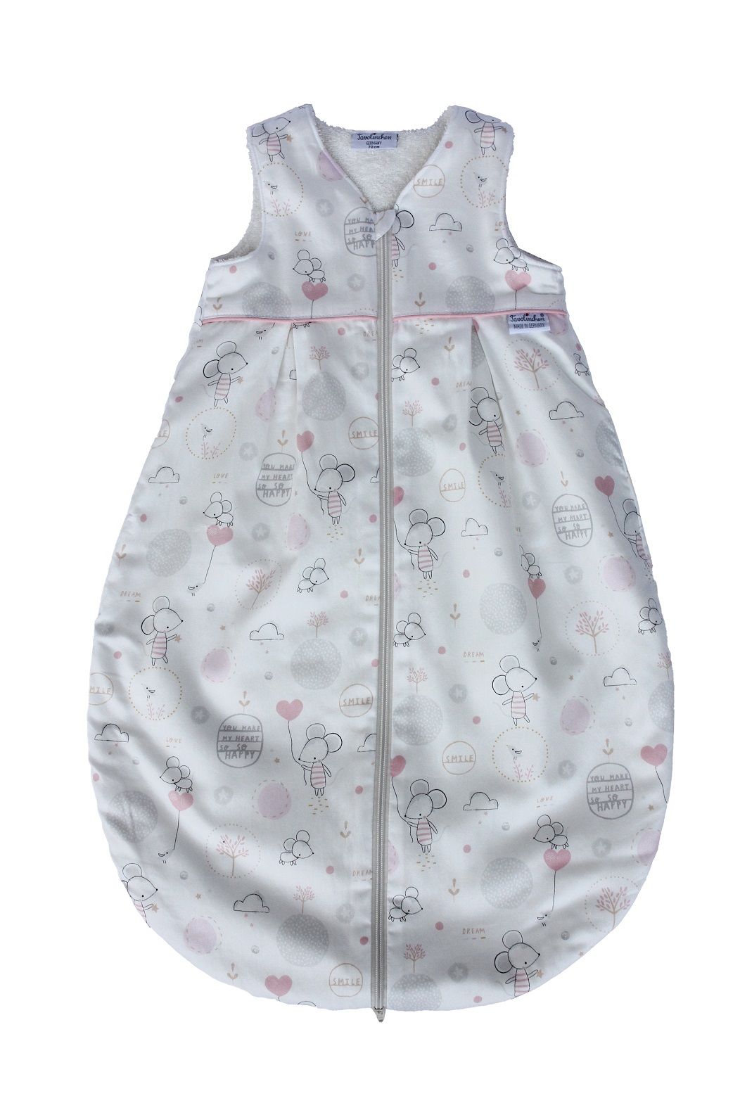 Schlafsack mit Mäuse-Muster. Weiß mit rosa Akzenten. Reißverschluss vorne. Marke Tavolinchen.