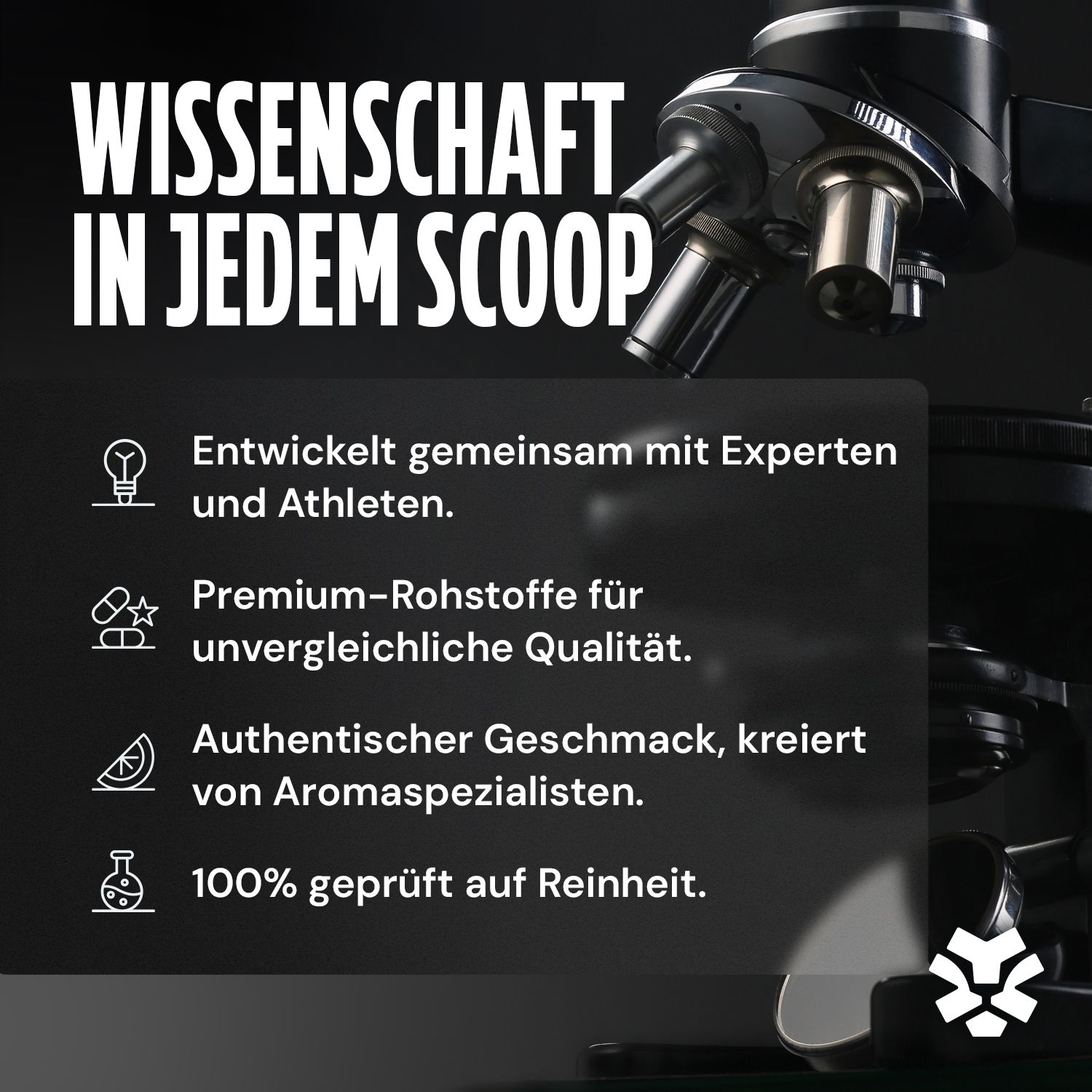 Mikroskop und Text über Wissenschaft und Qualität von PolleoSport 1st Whey.