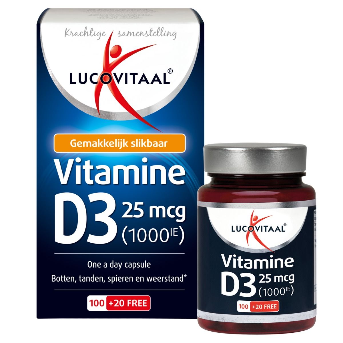 Lucovitaal Vitamin D3 25 mcg (1000 IE) Verpackung und Flasche, 100 + 20 gratis Kapseln.