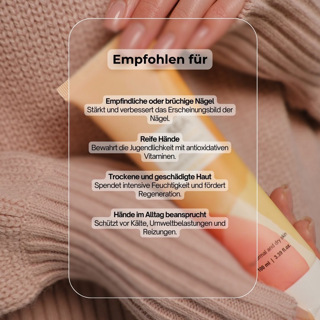 Creme-Tube. Aufschrift: Dr. SEA, Multivitamin, Hands & Nails Cream, Mango & Vitamin E. Text: Empfohlen für... Trockene Hände, reife Hände.