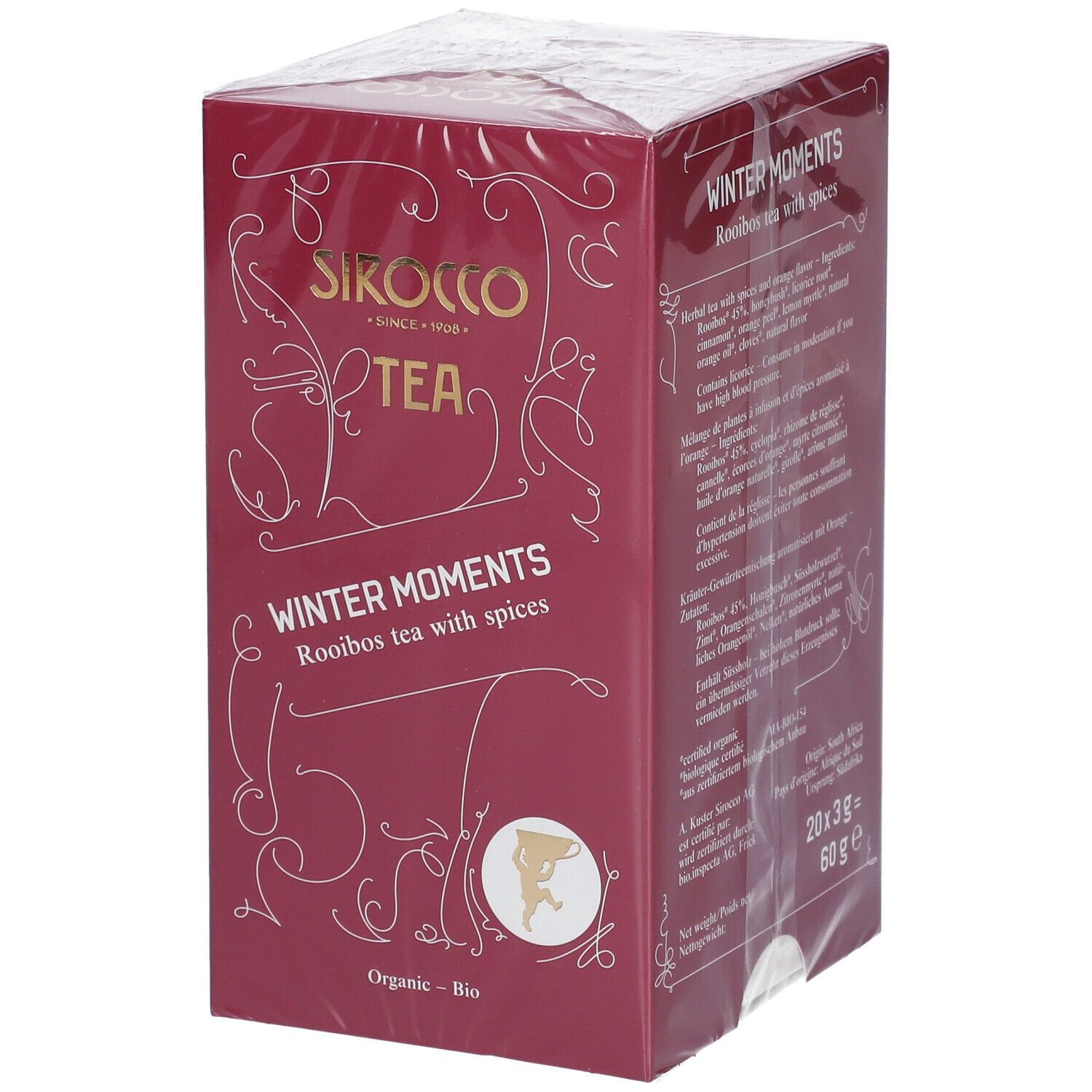 Verpackung "Sirocco Tea Winter Moments" in Folie. Rooibos-Tee mit Gewürzen. Aufschrift "Organic - Bio".