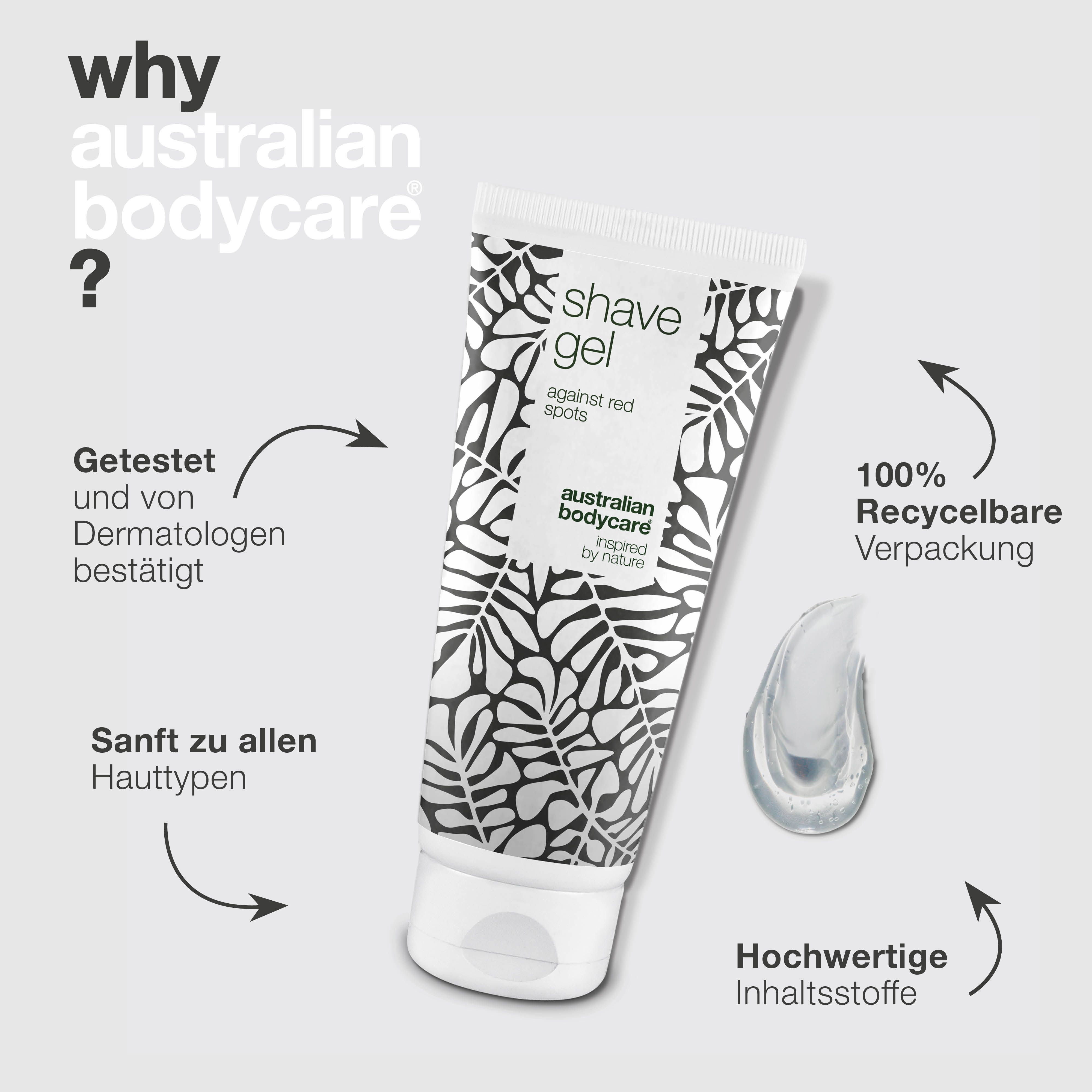 Tube Rasiergel mit Text und Pfeilen. Aufschrift: shave gel against red spots. Australian Bodycare. 100% recycelbar.