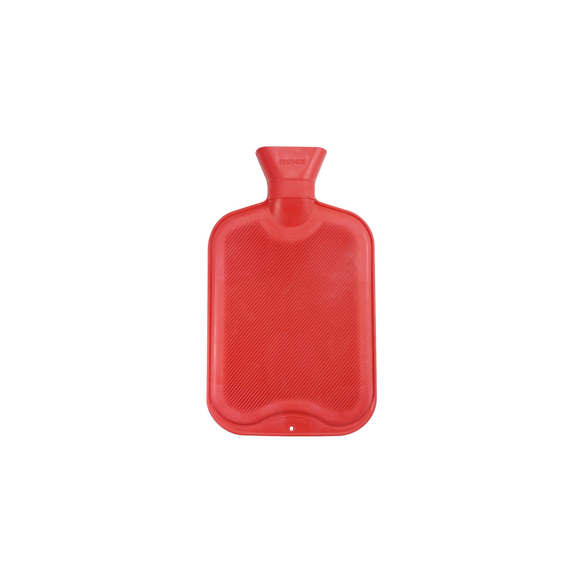 Rote Gummie-Wärmflasche mit gerippter Oberfläche und Schraubverschluss.