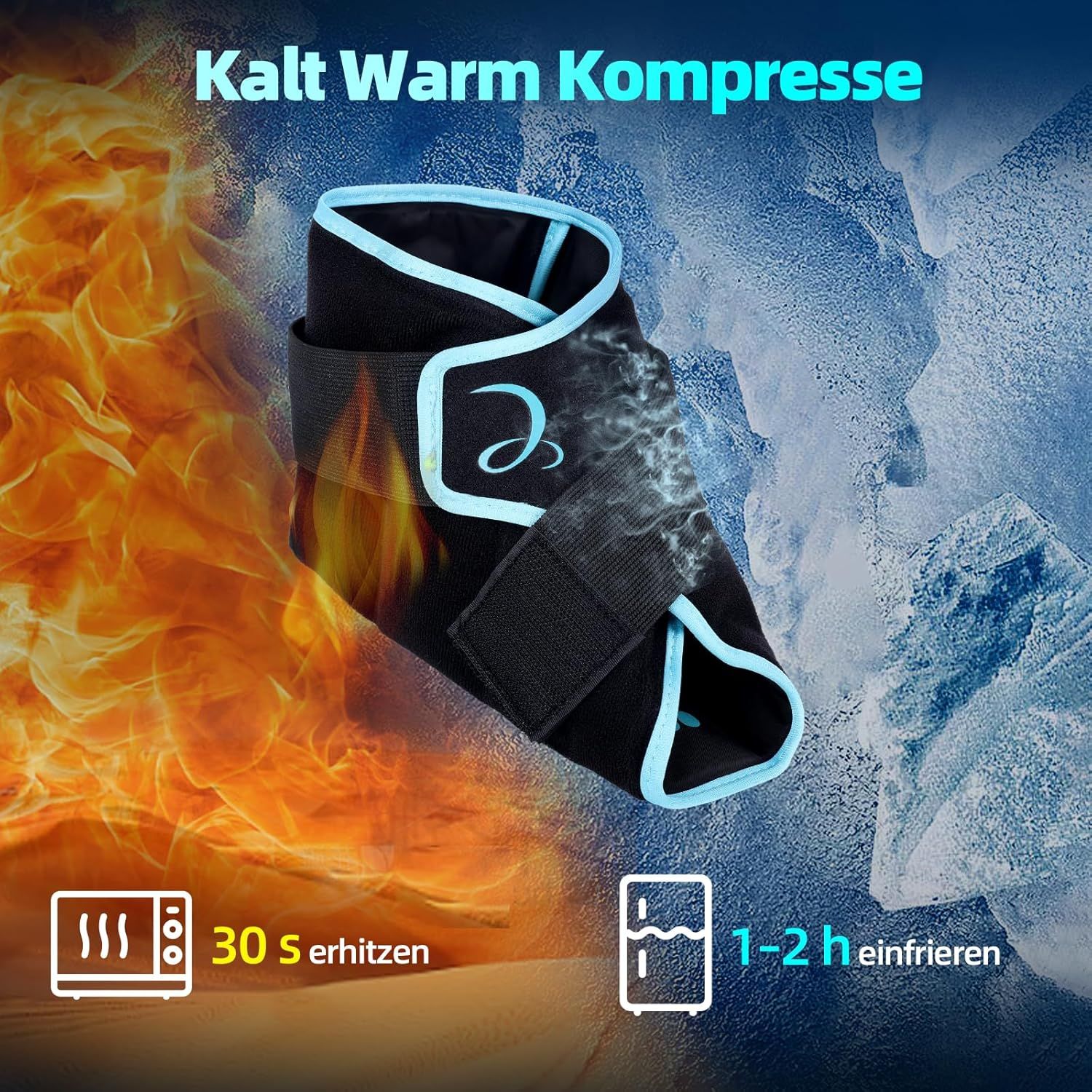 Anleitung zur Anwendung einer blauen Knöchel-Kühlbandage für Plantar und Knöchel.