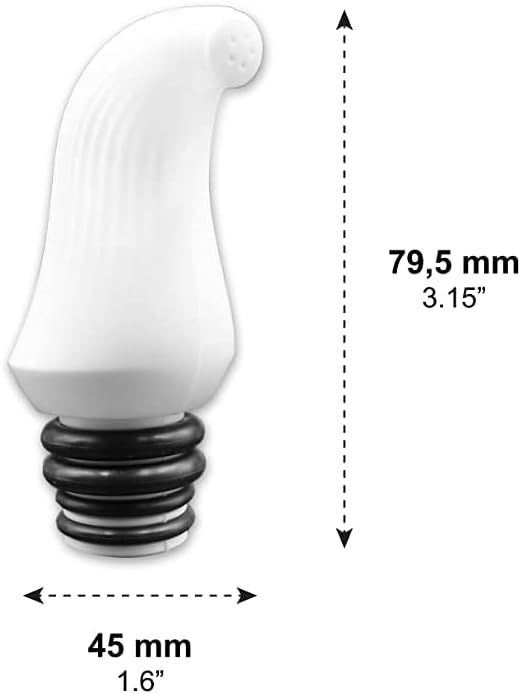 Ein weißer Vaginaldusche-Aufsatz mit Rillen und schwarzen Dichtungsringen, daneben Maße und Flaschenhalsgrößen.