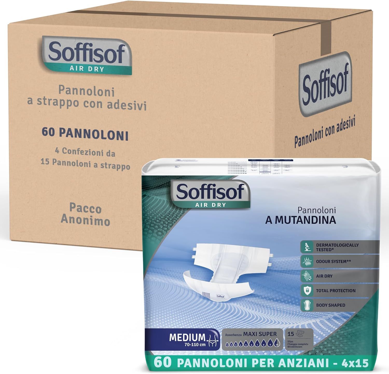 Karton und Packung Soffisof Air Dry Windeln für Erwachsene. 60 Stück. Packung mit 4 x 15 Stück.
