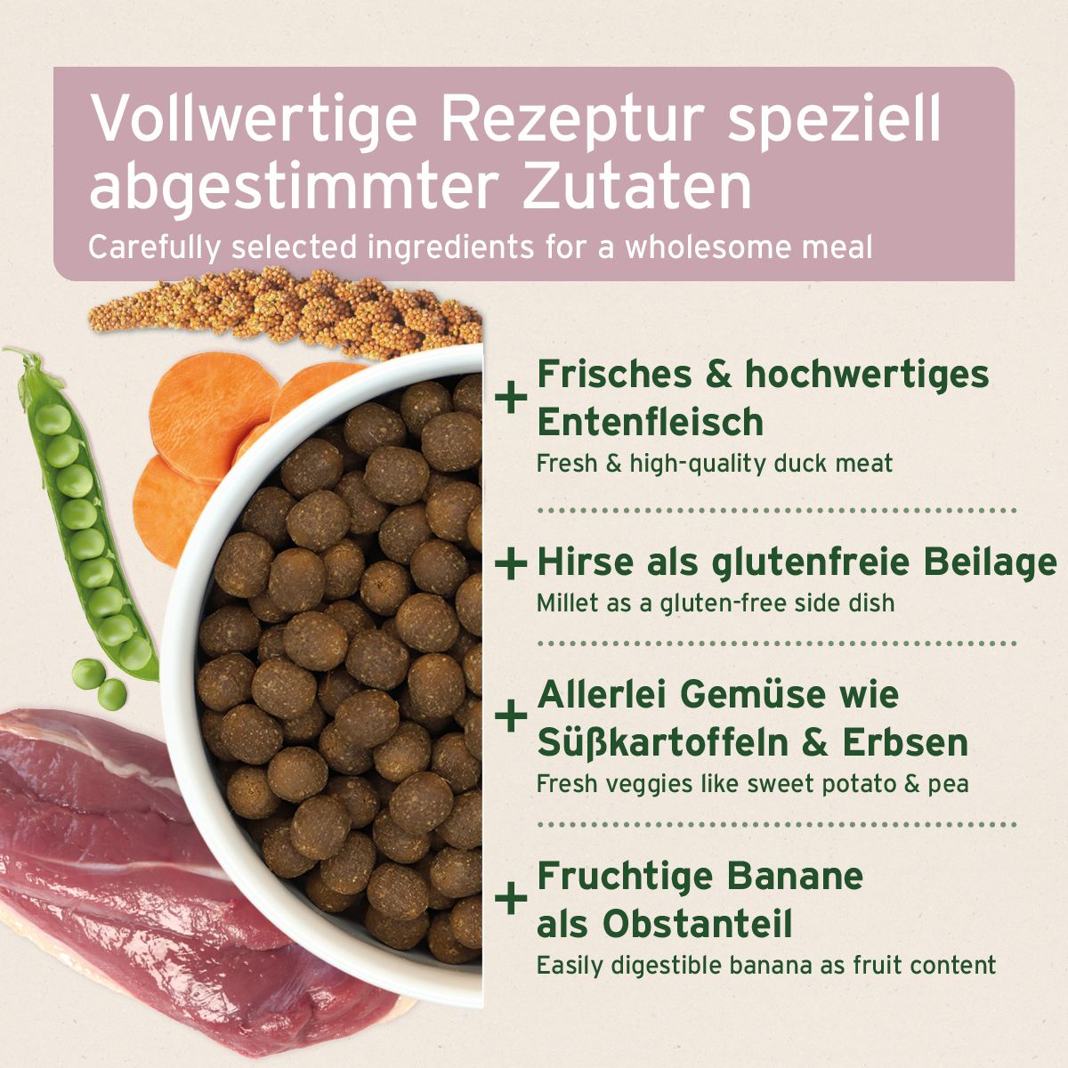 Zutaten des Trockenfutters: Entenfleisch, Hirse, Gemüse (Süßkartoffeln, Erbsen), Banane. Text: Vollwertige Rezeptur speziell abgestimmter Zutaten.
