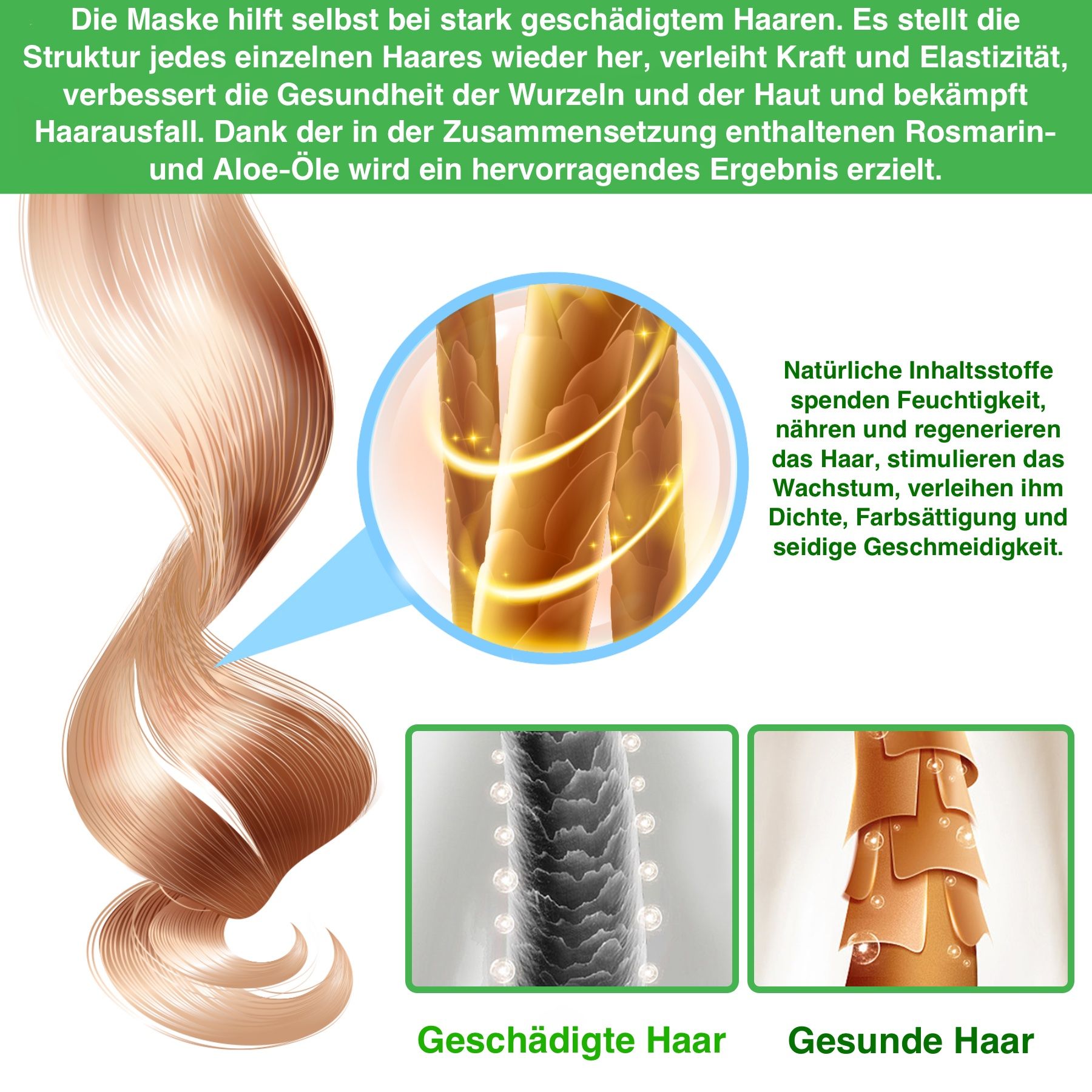 Haarsträhnen-Illustrationen. Text: Geschädigtes Haar, gesundes Haar. ALIVER Rosmarin- und Aloe-Öl. Text: Natürliche Inhaltsstoffe spenden Feuchtigkeit, nähren und regenerieren das Haar.