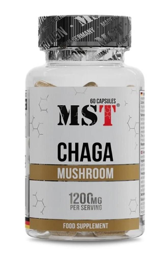 Klare Flasche mit MST Chaga Mushroom Kapseln. Aufschrift: 120mg pro Portion. 60 Kapseln. Nahrungsergänzungsmittel.