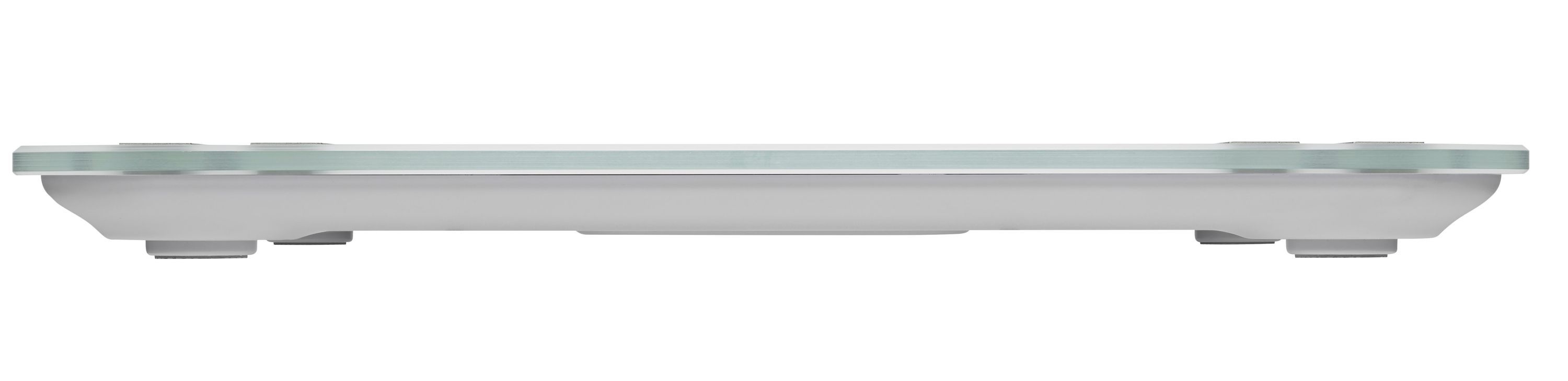 Körperanalysewaage, weiß, flache Ansicht. Vier Füße, Batteriefach. Marke: medisana.